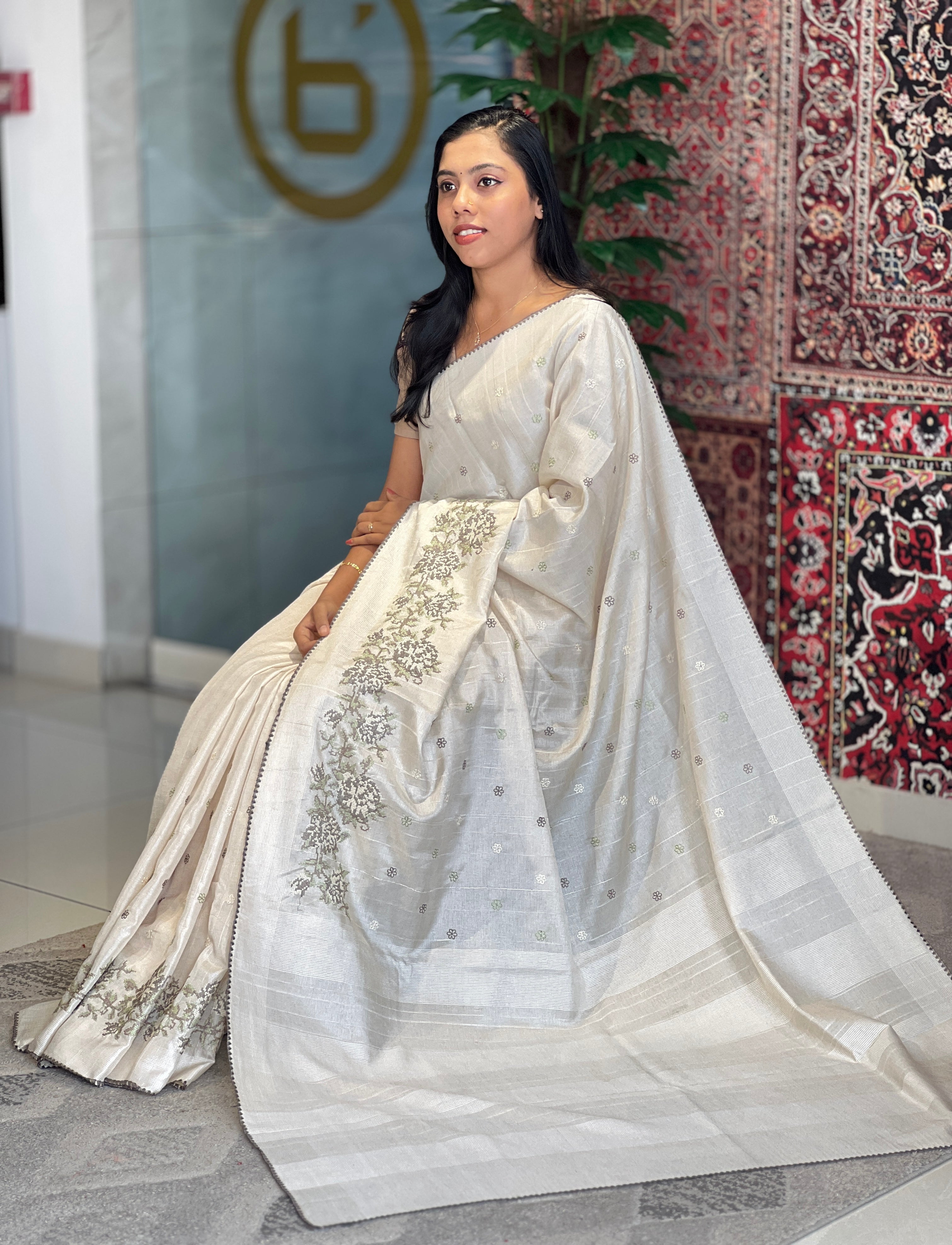 Floral Cross Stitch  Machine Embroidered Semi Tussar Saree | PNS244