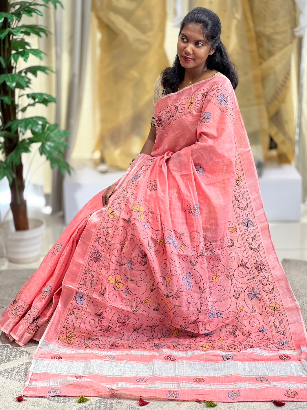 Hand Kantha Detailed Linen Saree | RP749