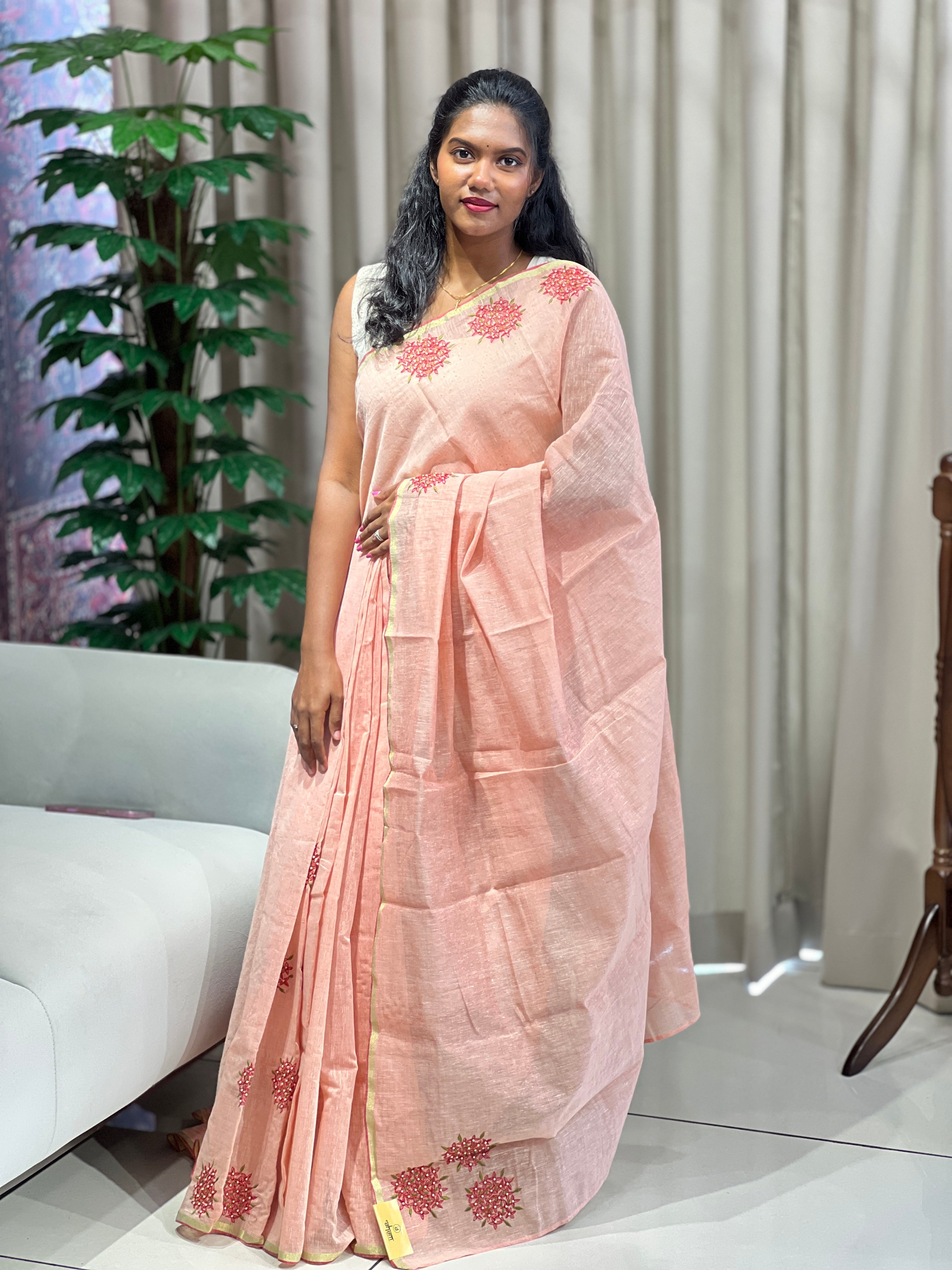 Hand Embroidery With Beads Detailed Pure Chanderi Saree | AHD1911