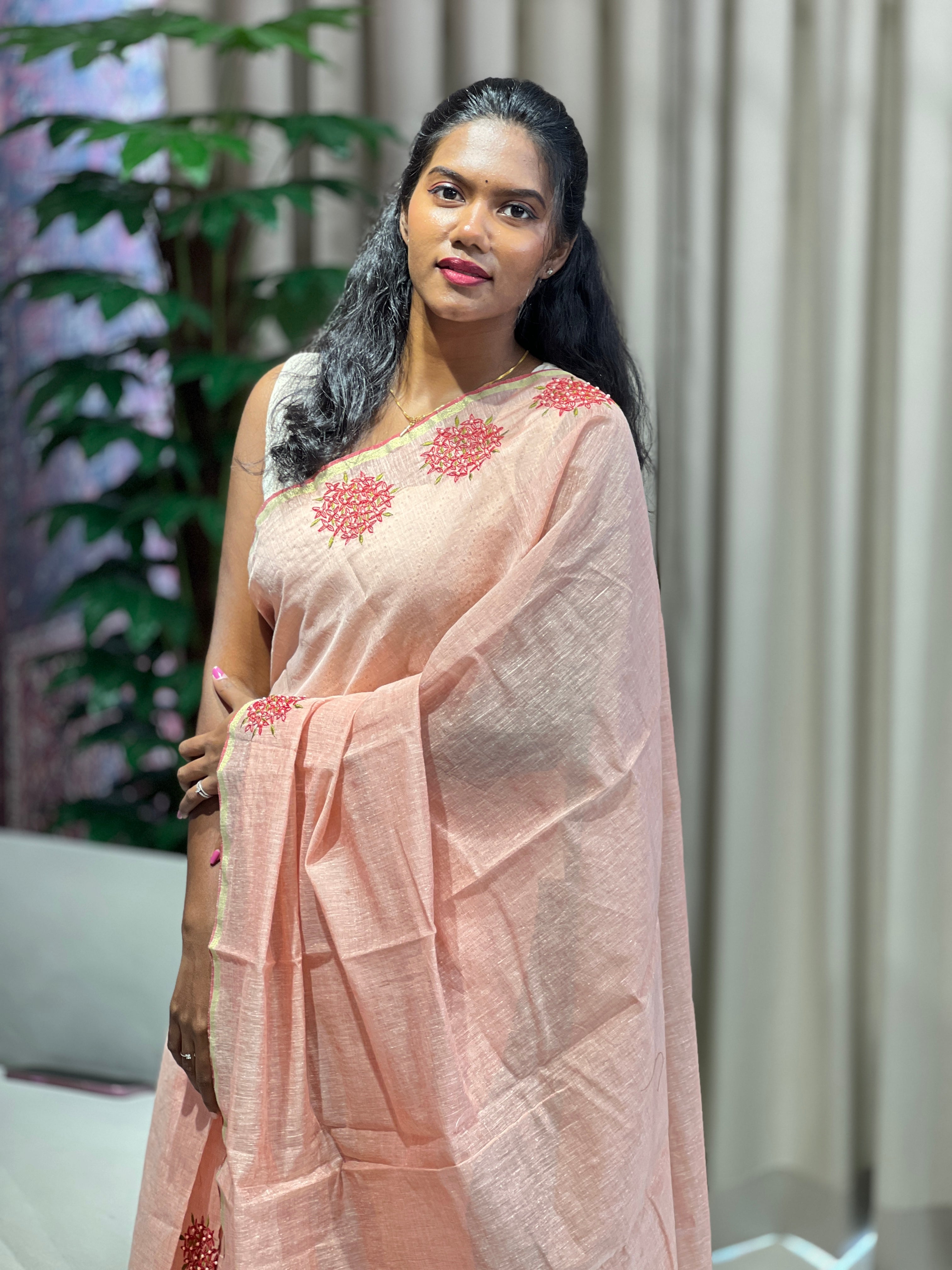 Hand Embroidery With Beads Detailed Pure Chanderi Saree | AHD1911