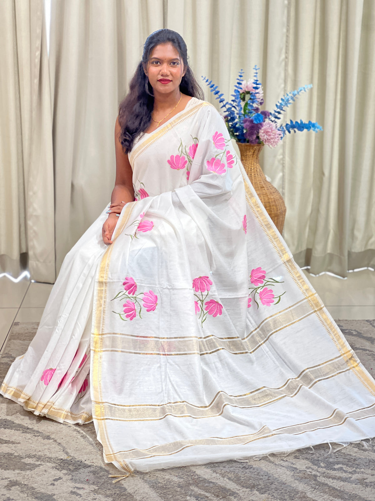 Floral Embroidered Bhagalpuri Linen Saree | NHH640