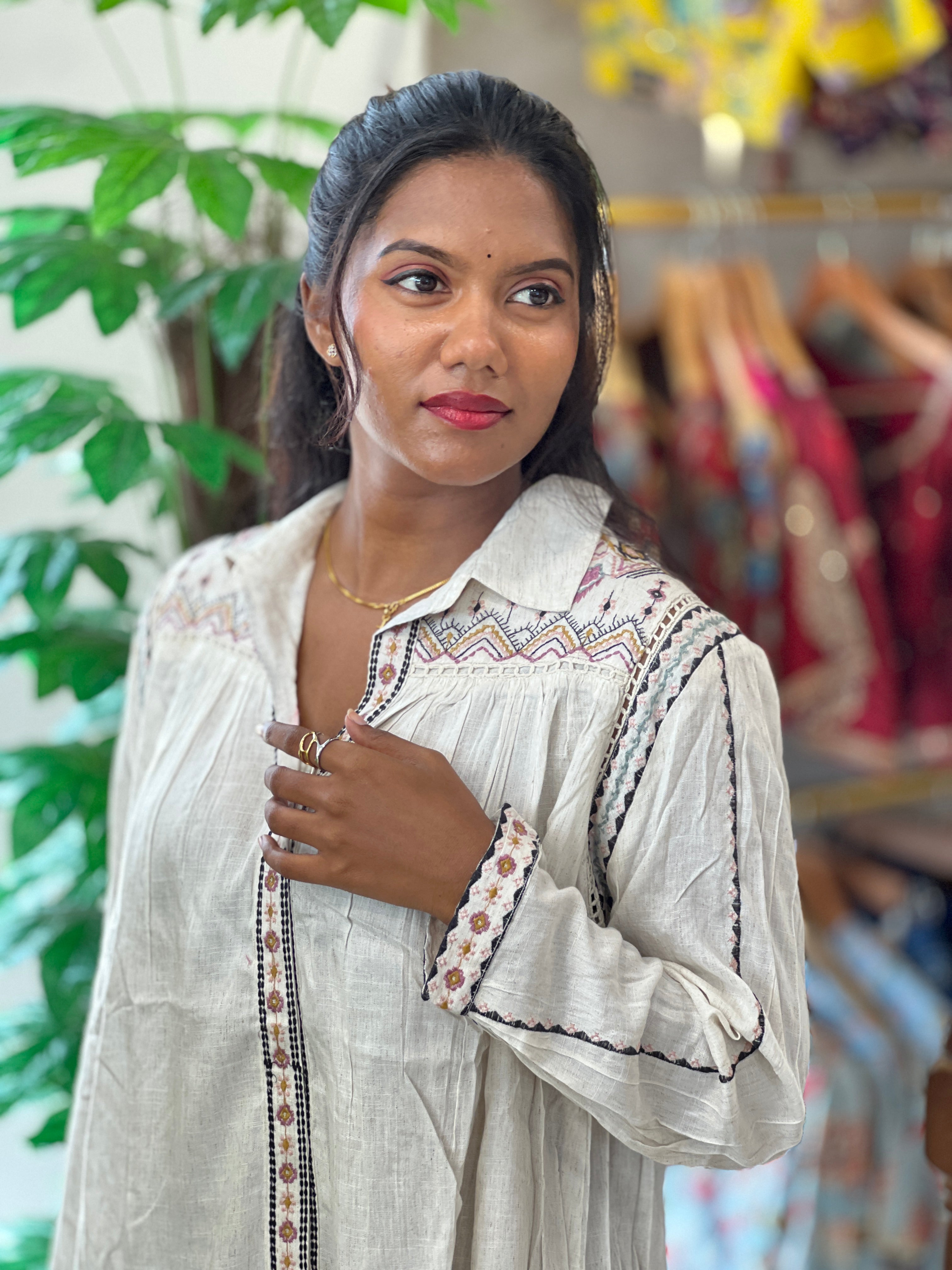 Machine Embroidery Linen Cotton Short Kurta | AOR111