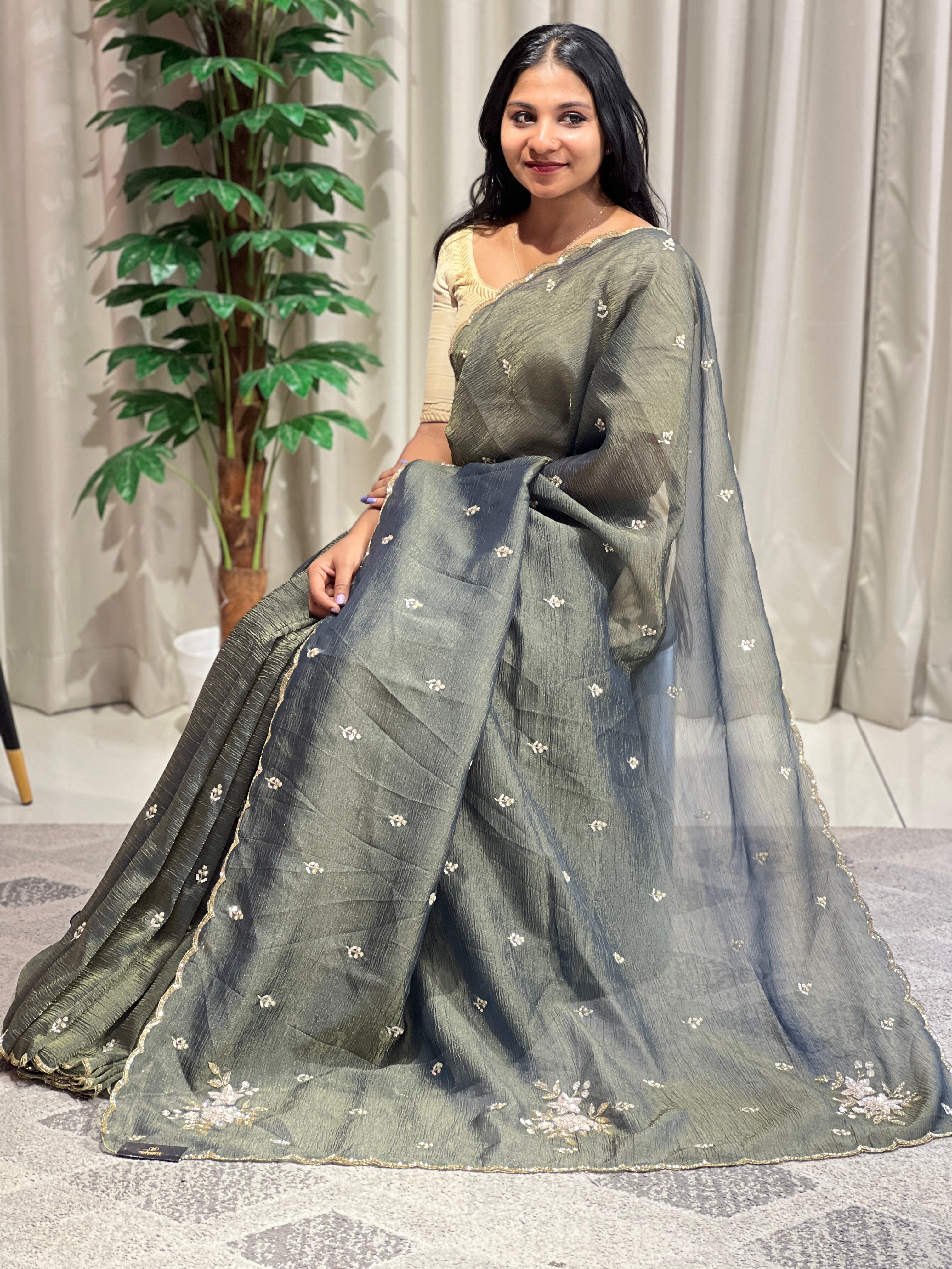 Cut Beads & Sequence Detailed Shimmer Organza Saree | SBP964