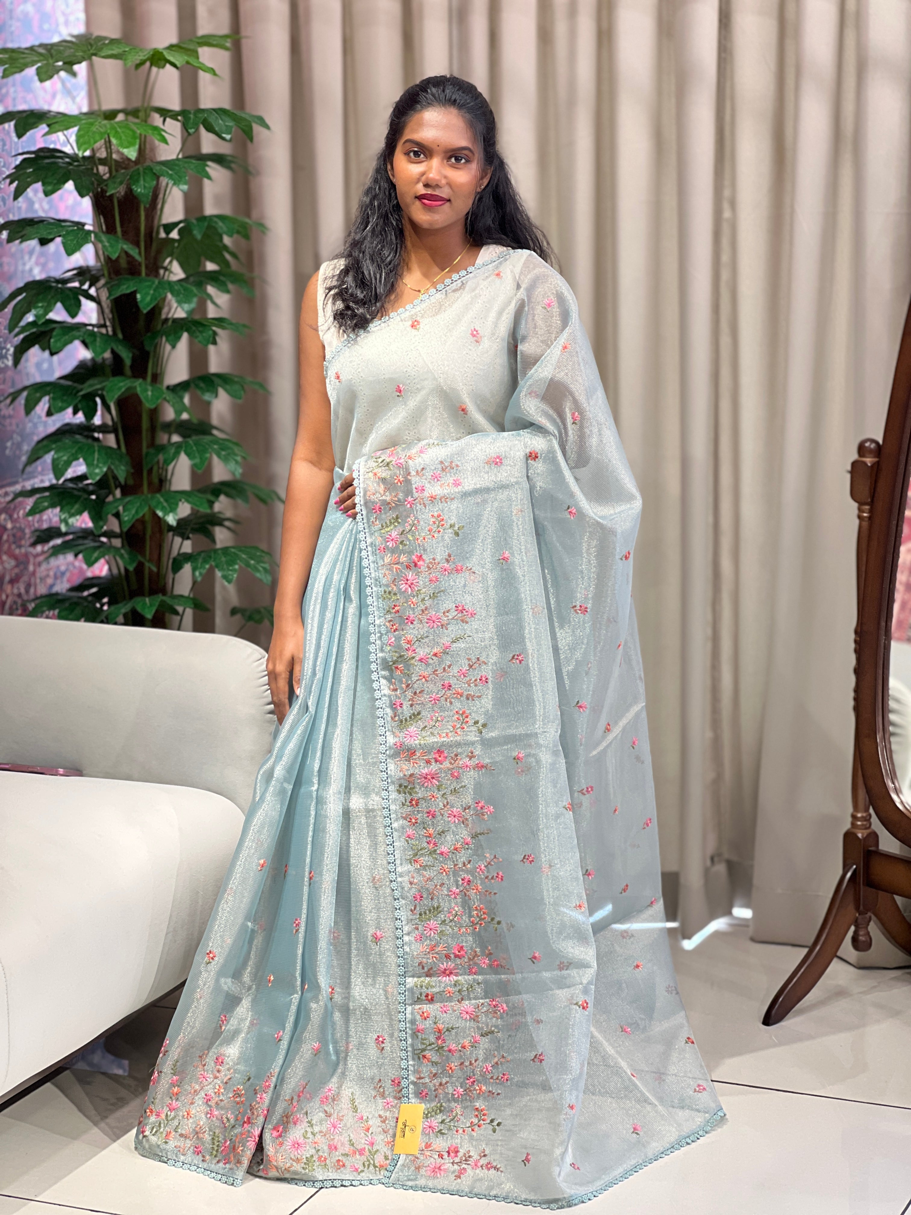 Multi-Color Floral Machine Embroidery Detailed Tissue Organza Saree | PKS108