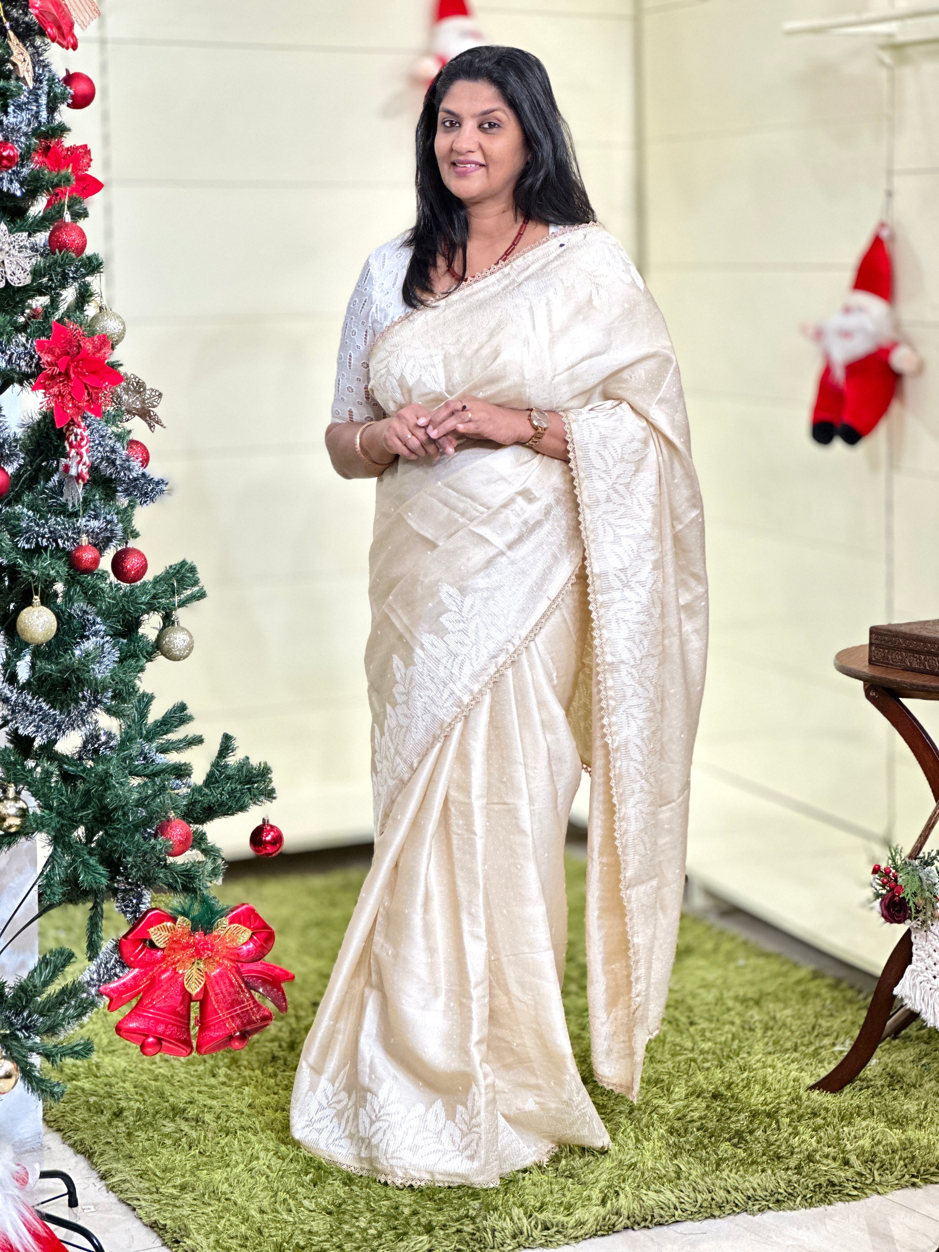 Machine Embroidery Detailed Dola Silk Saree | SUN528