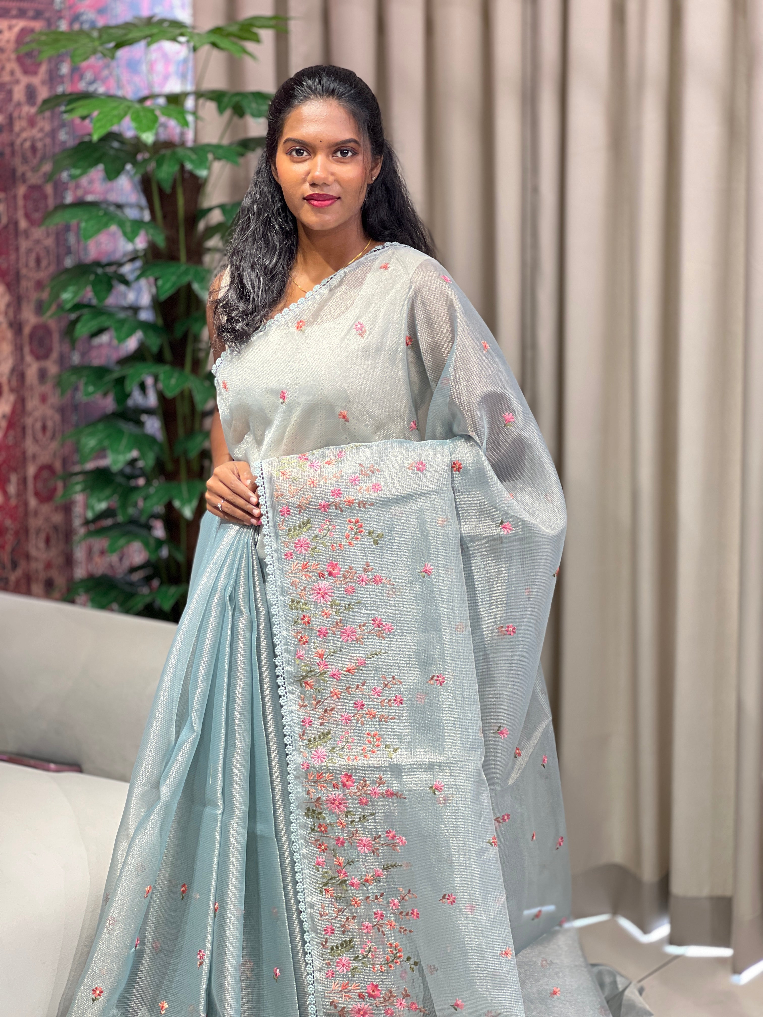 Multi-Color Floral Machine Embroidery Detailed Tissue Organza Saree | PKS108