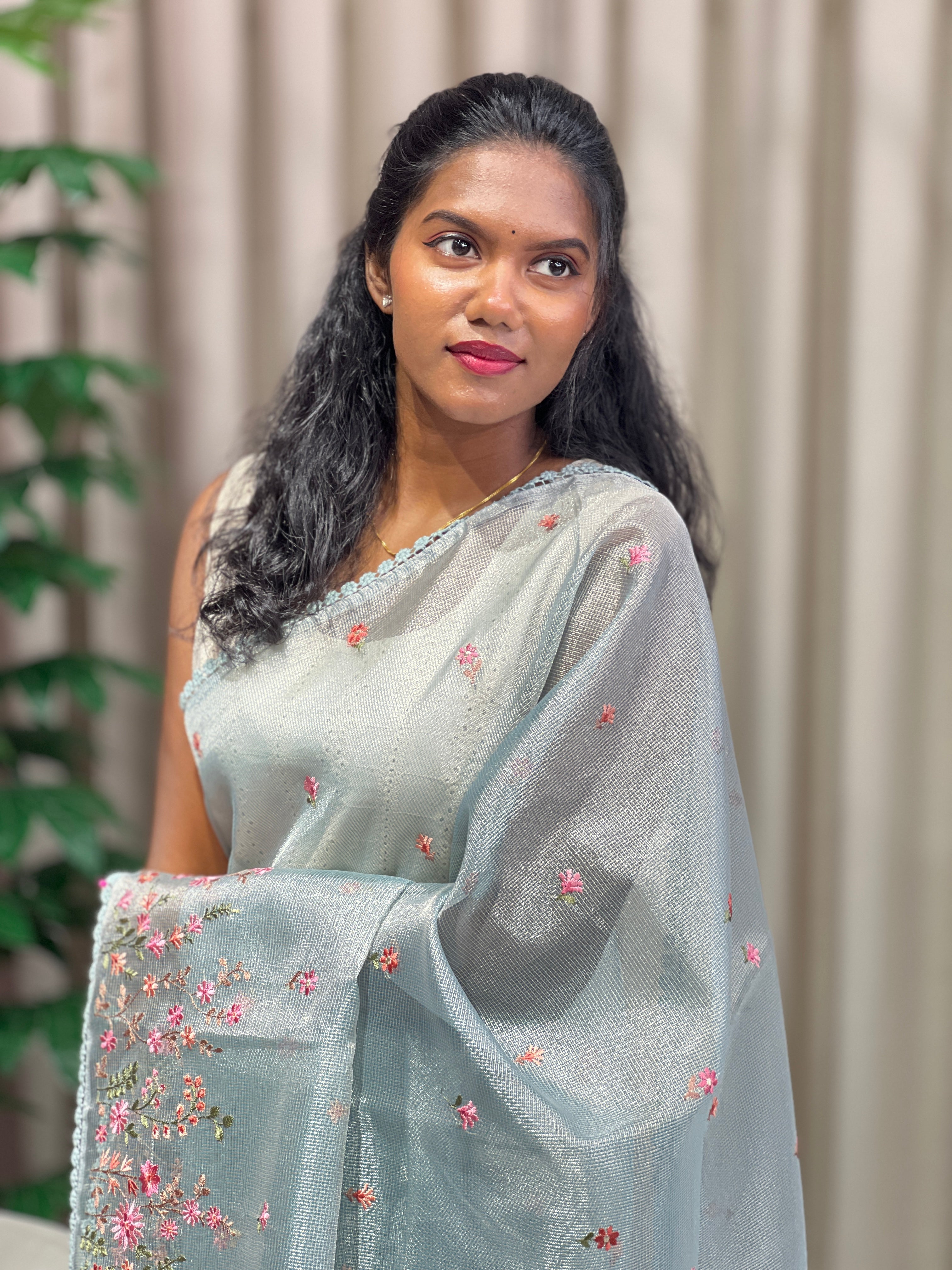 Multi-Color Floral Machine Embroidery Detailed Tissue Organza Saree | PKS108