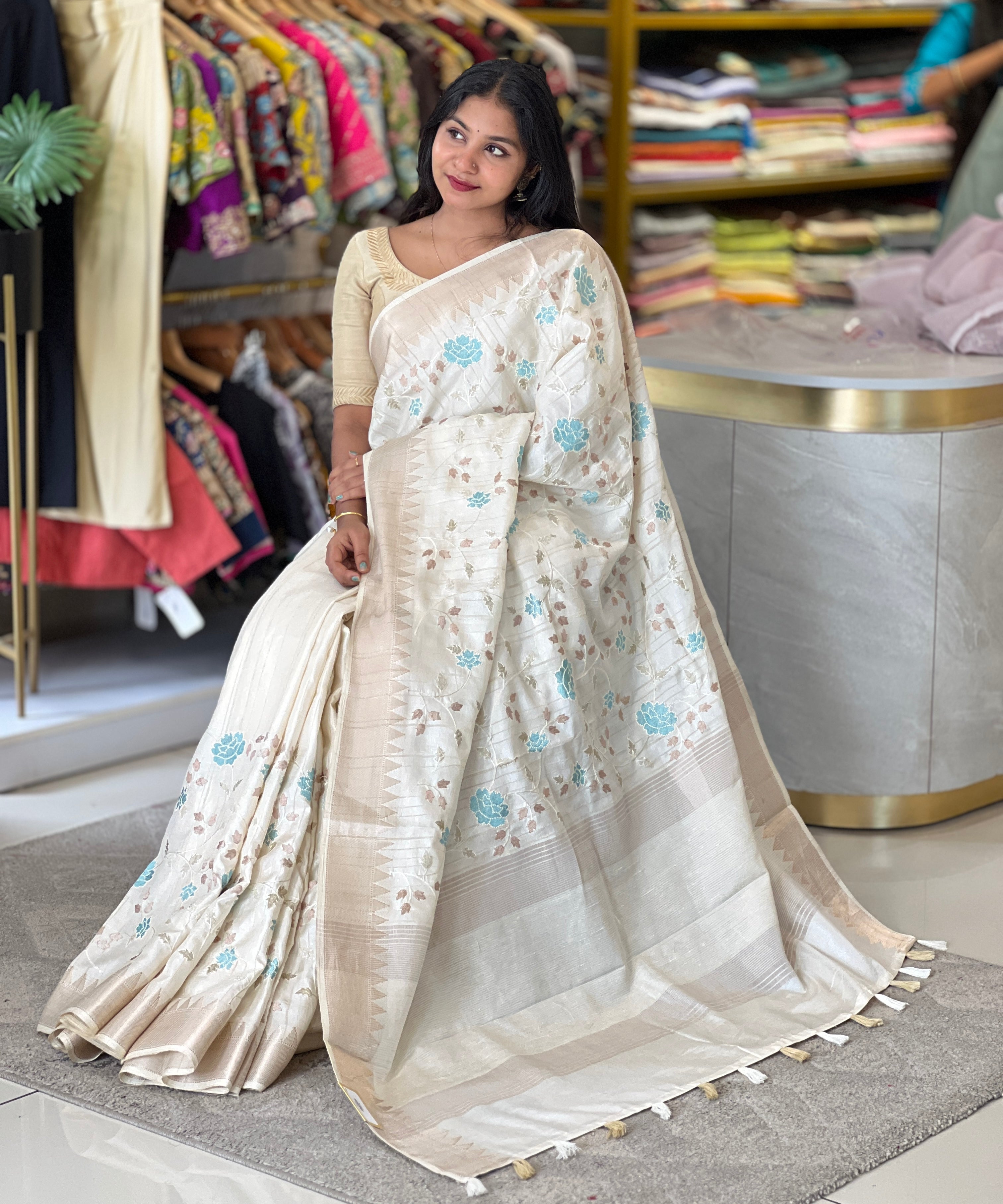 Floral and Leaf Embroidery Patterned Semi Tussar Saree | PNS248