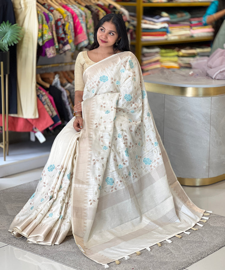Floral and Leaf Embroidery Patterned Semi Tussar Saree | PNS248