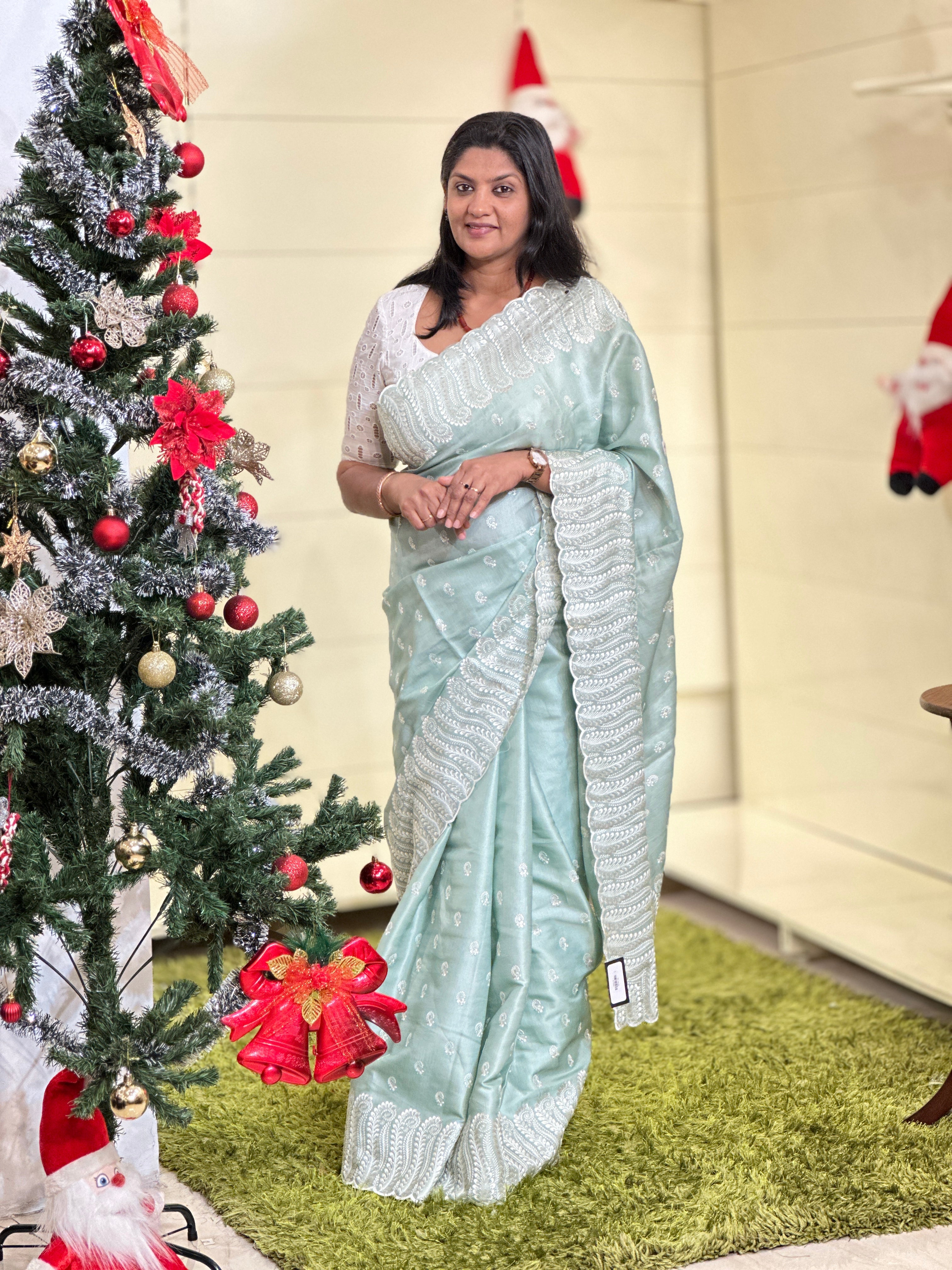 Machine Embroidered Semi Tussar Saree | SUN564