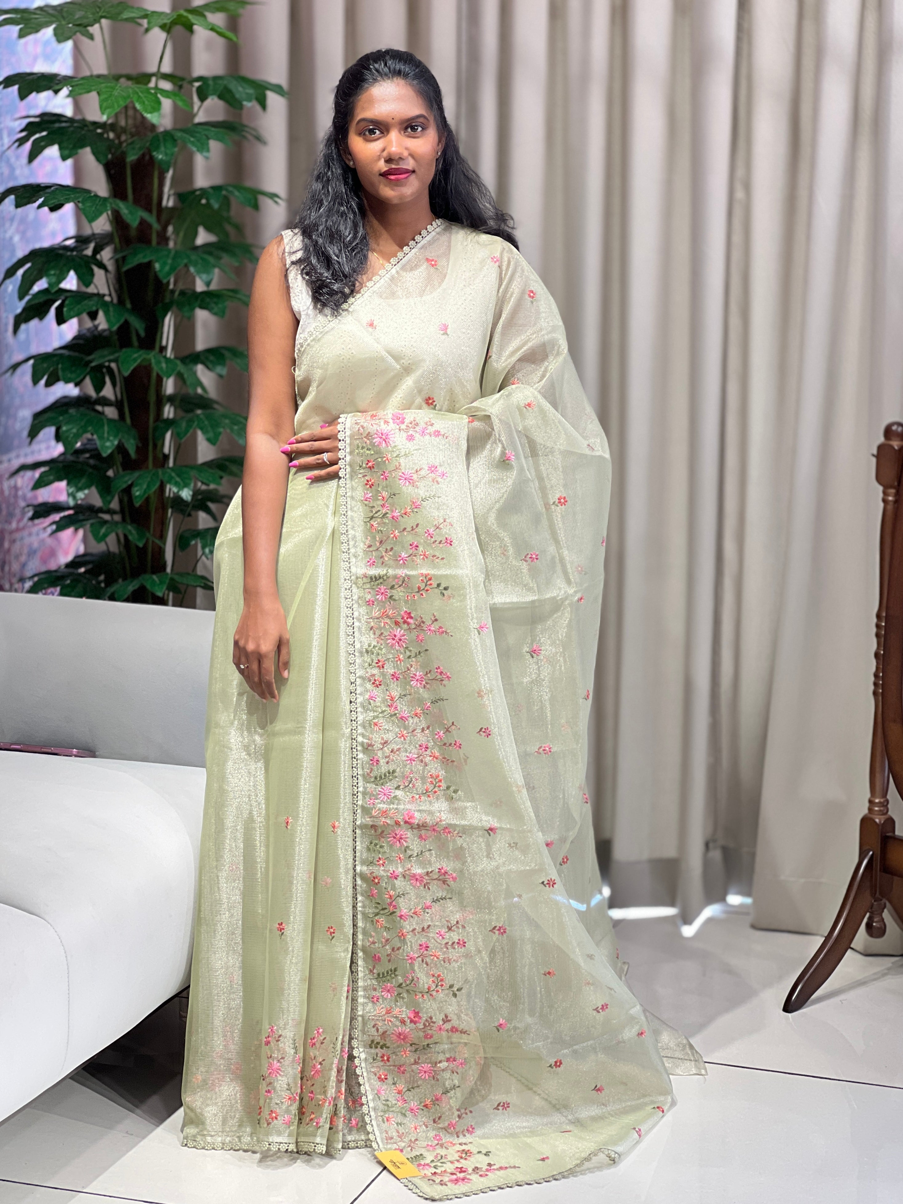 Multi-Color Floral Machine Embroidery Detailed Tissue Organza Saree | PKS109