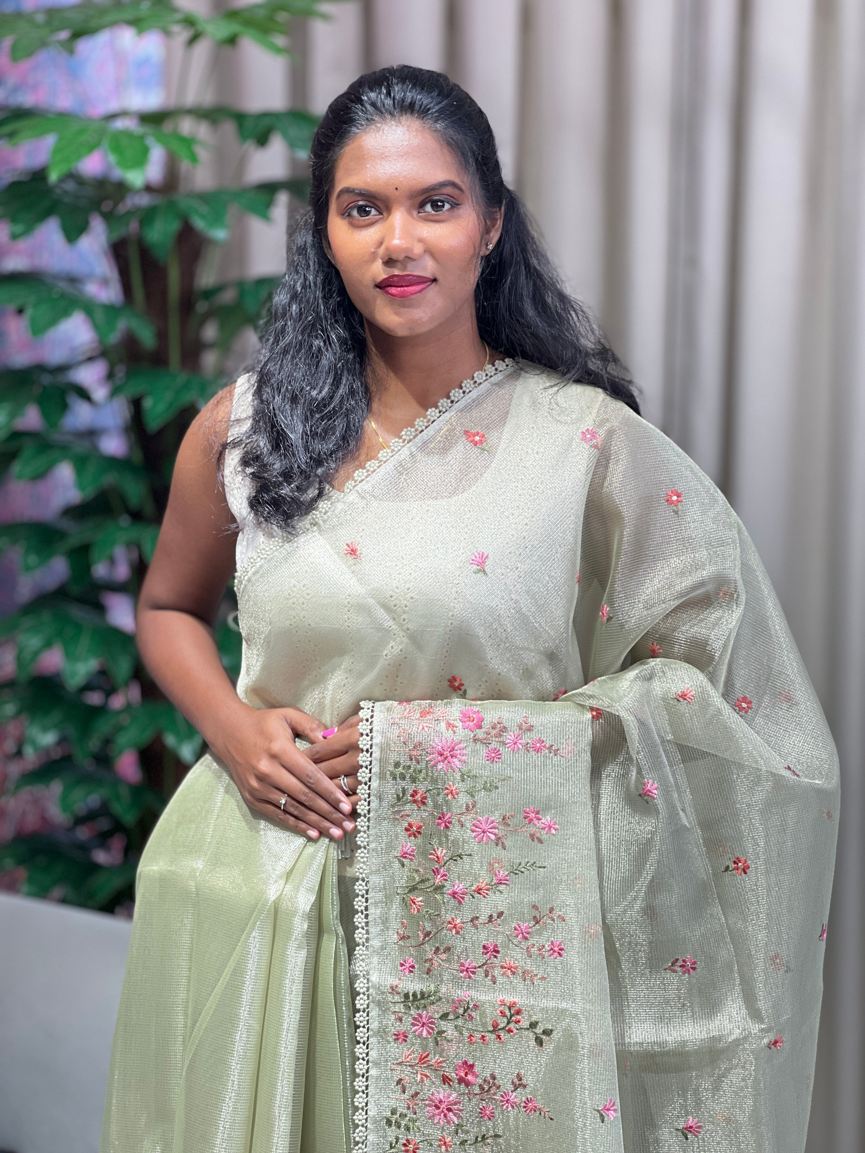 Multi-Color Floral Machine Embroidery Detailed Tissue Organza Saree | PKS109