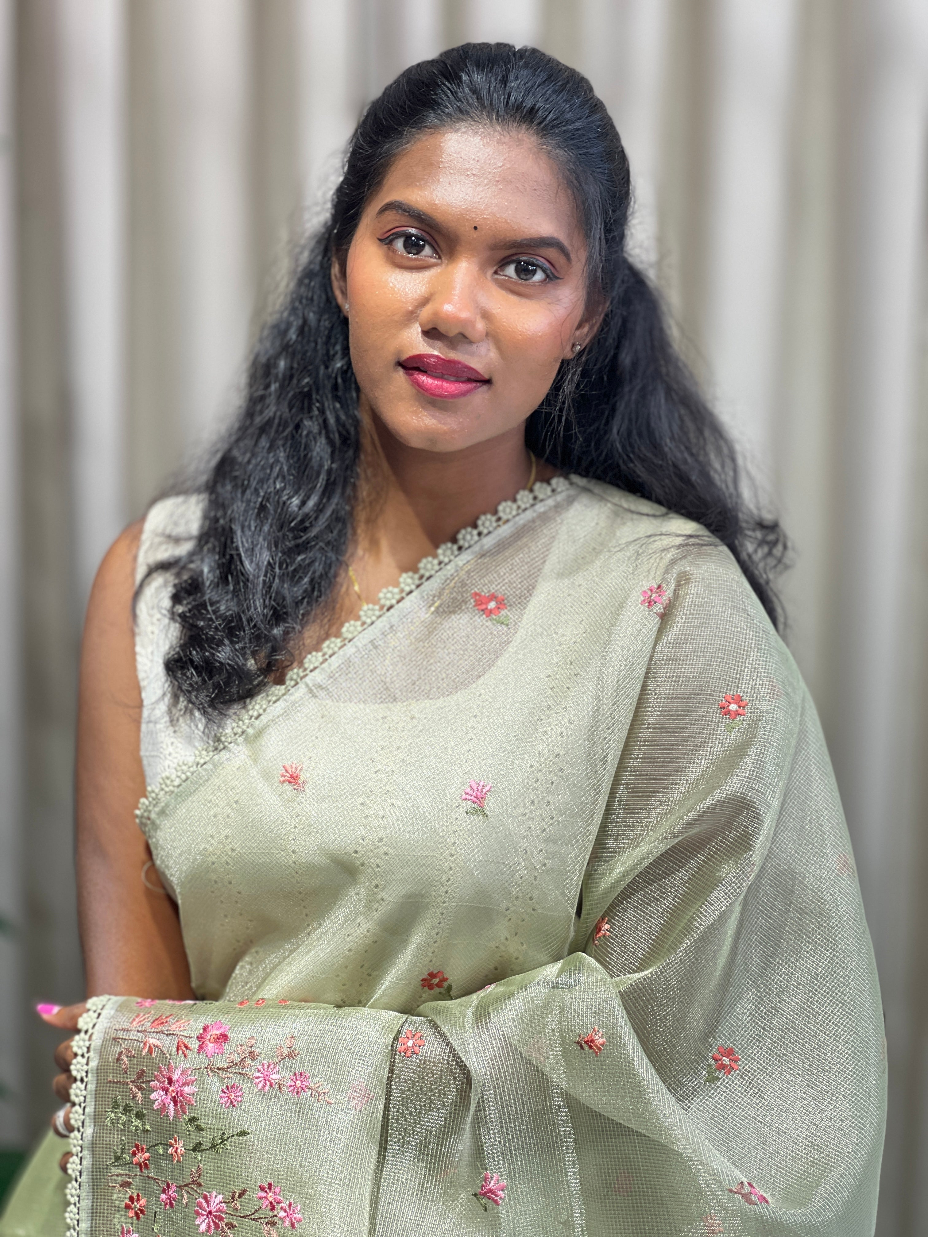 Multi-Color Floral Machine Embroidery Detailed Tissue Organza Saree | PKS109