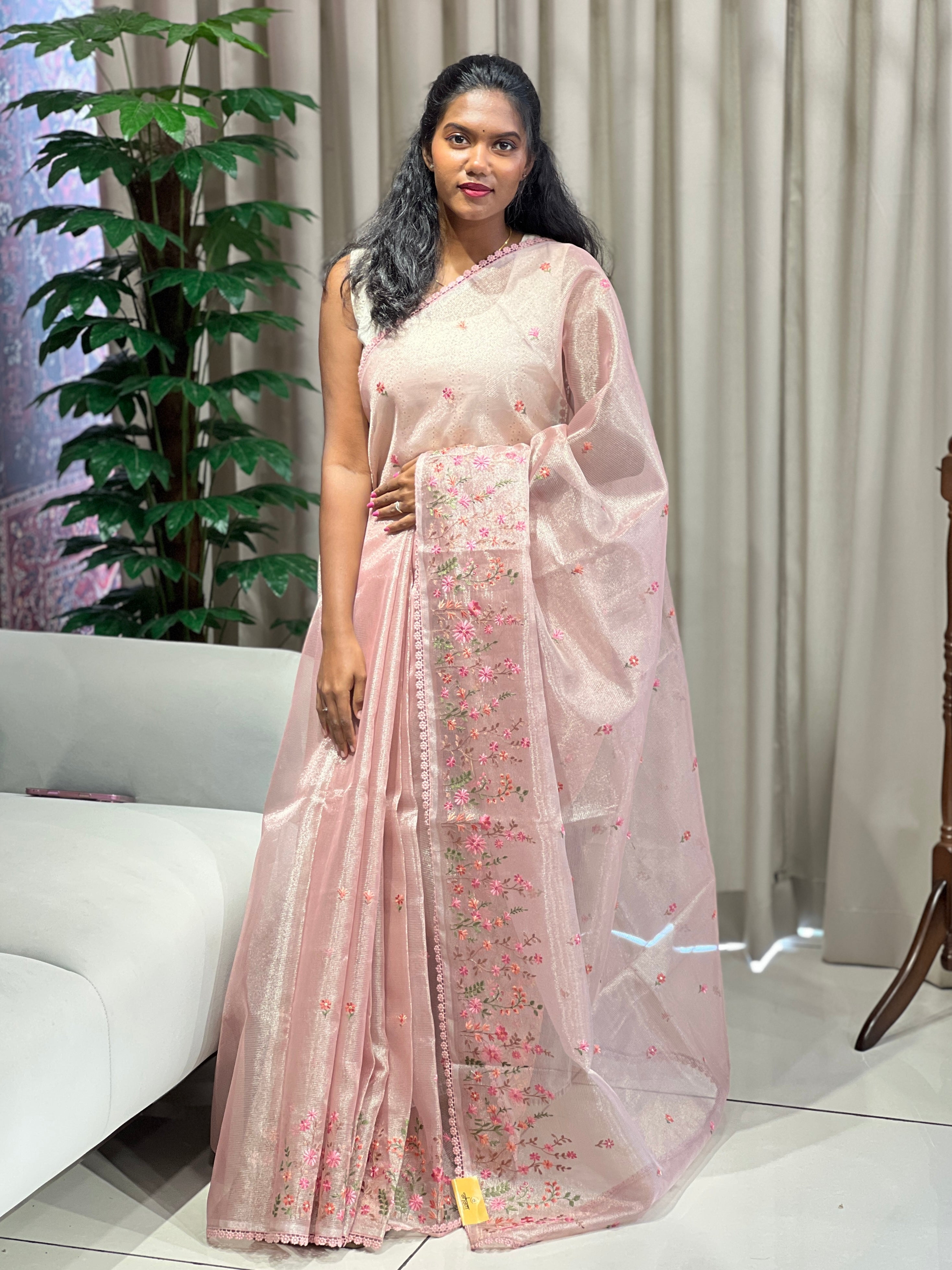 Multi-Color Floral Machine Embroidery Detailed Tissue Organza Saree | PKS110