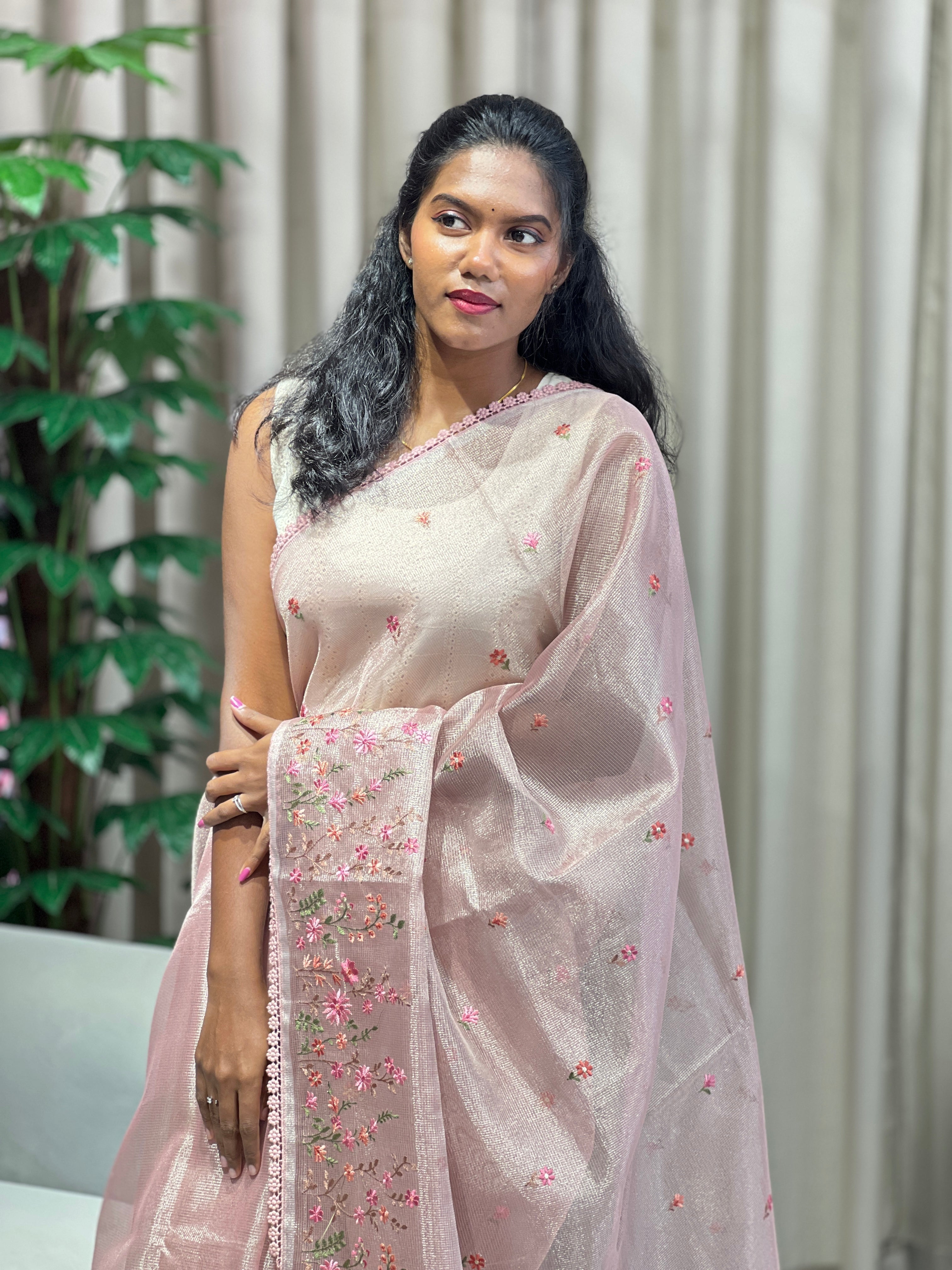 Multi-Color Floral Machine Embroidery Detailed Tissue Organza Saree | PKS110