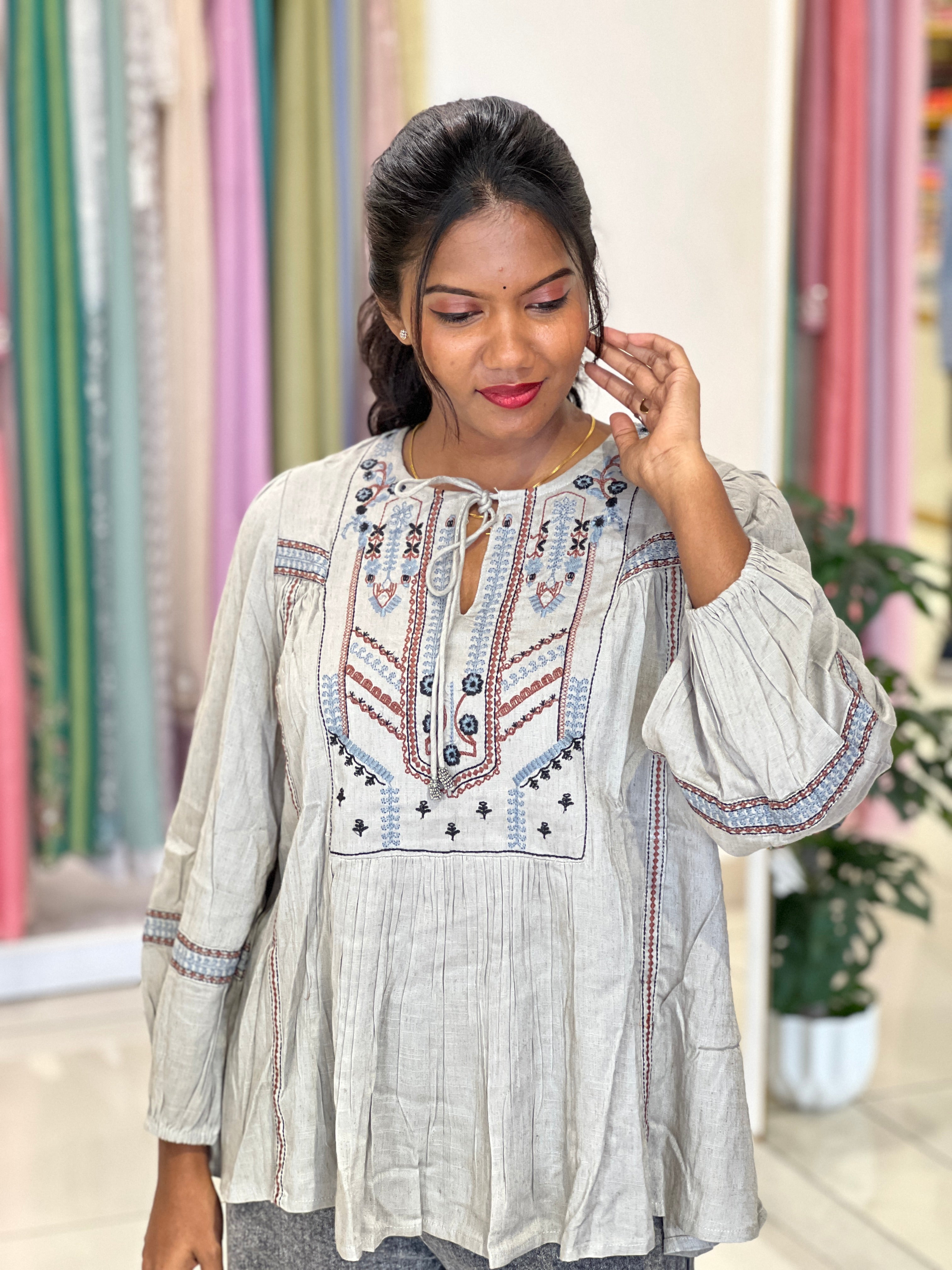Machine Embroidery Linen Cotton Short Kurta | AOR105