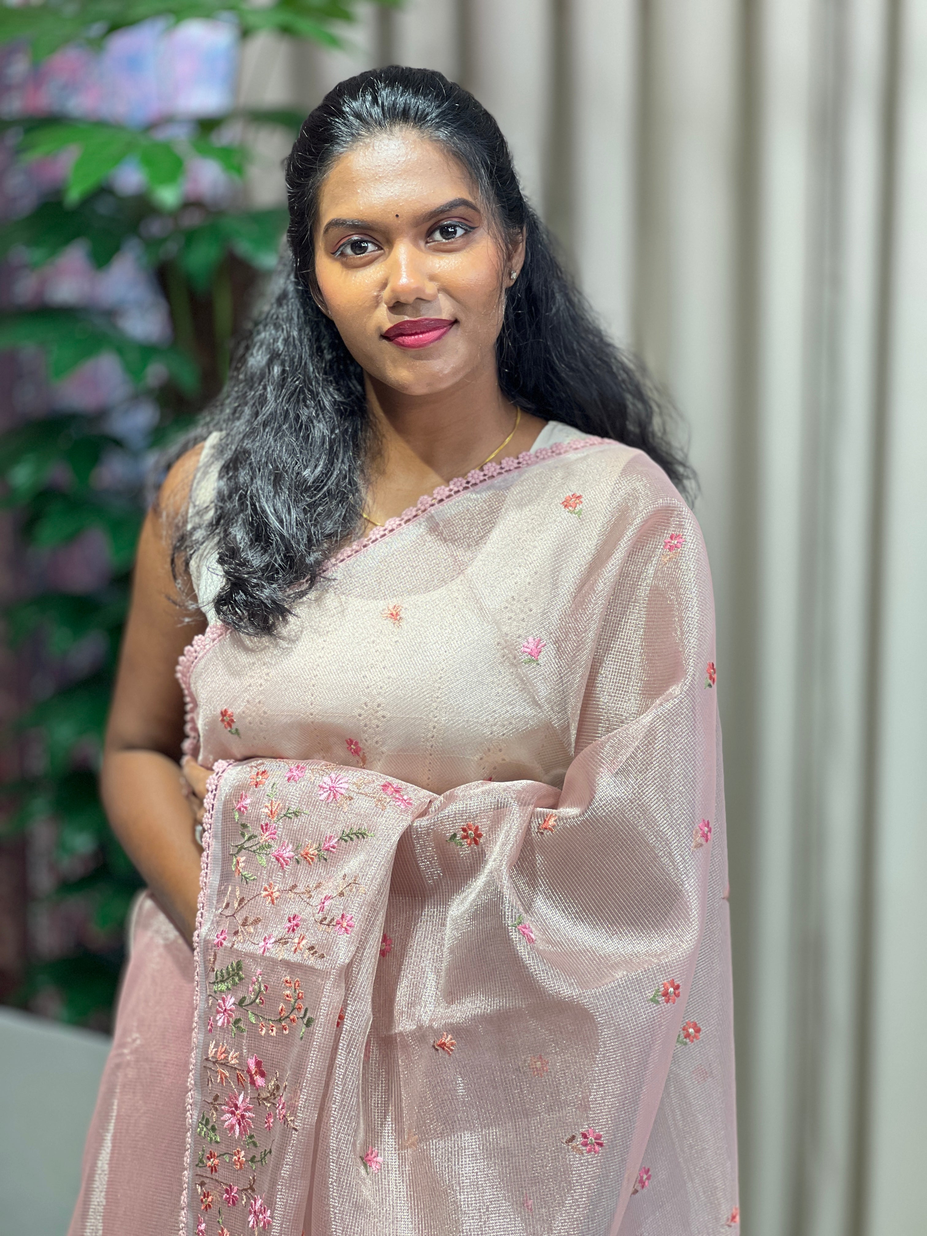 Multi-Color Floral Machine Embroidery Detailed Tissue Organza Saree | PKS110