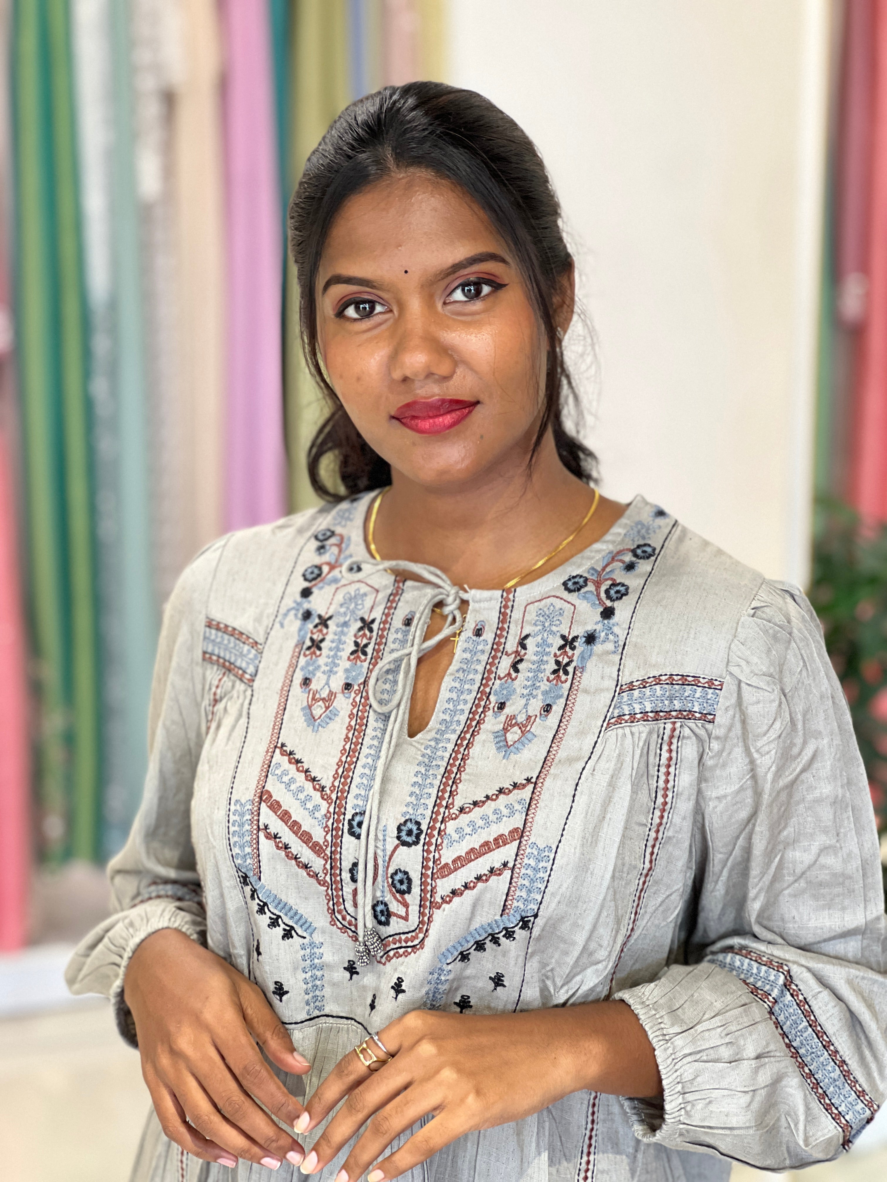 Machine Embroidery Linen Cotton Short Kurta | AOR105