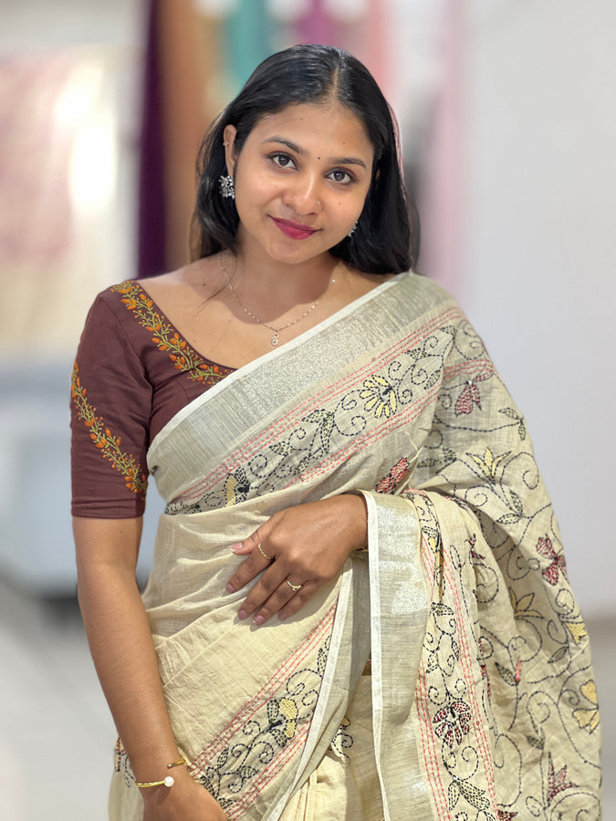 Hand Kantha Detailed Linen Saree | RP750