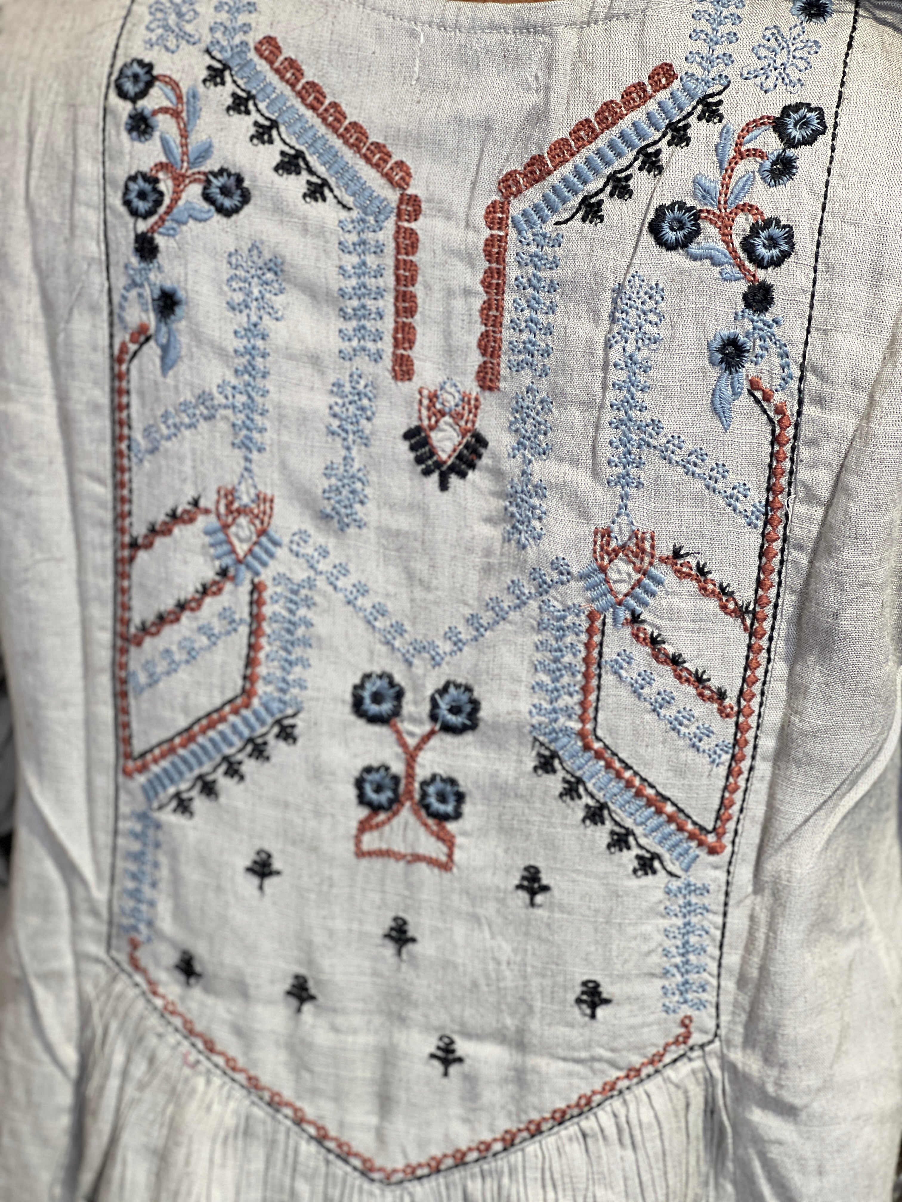 Machine Embroidery Linen Cotton Short Kurta | AOR105