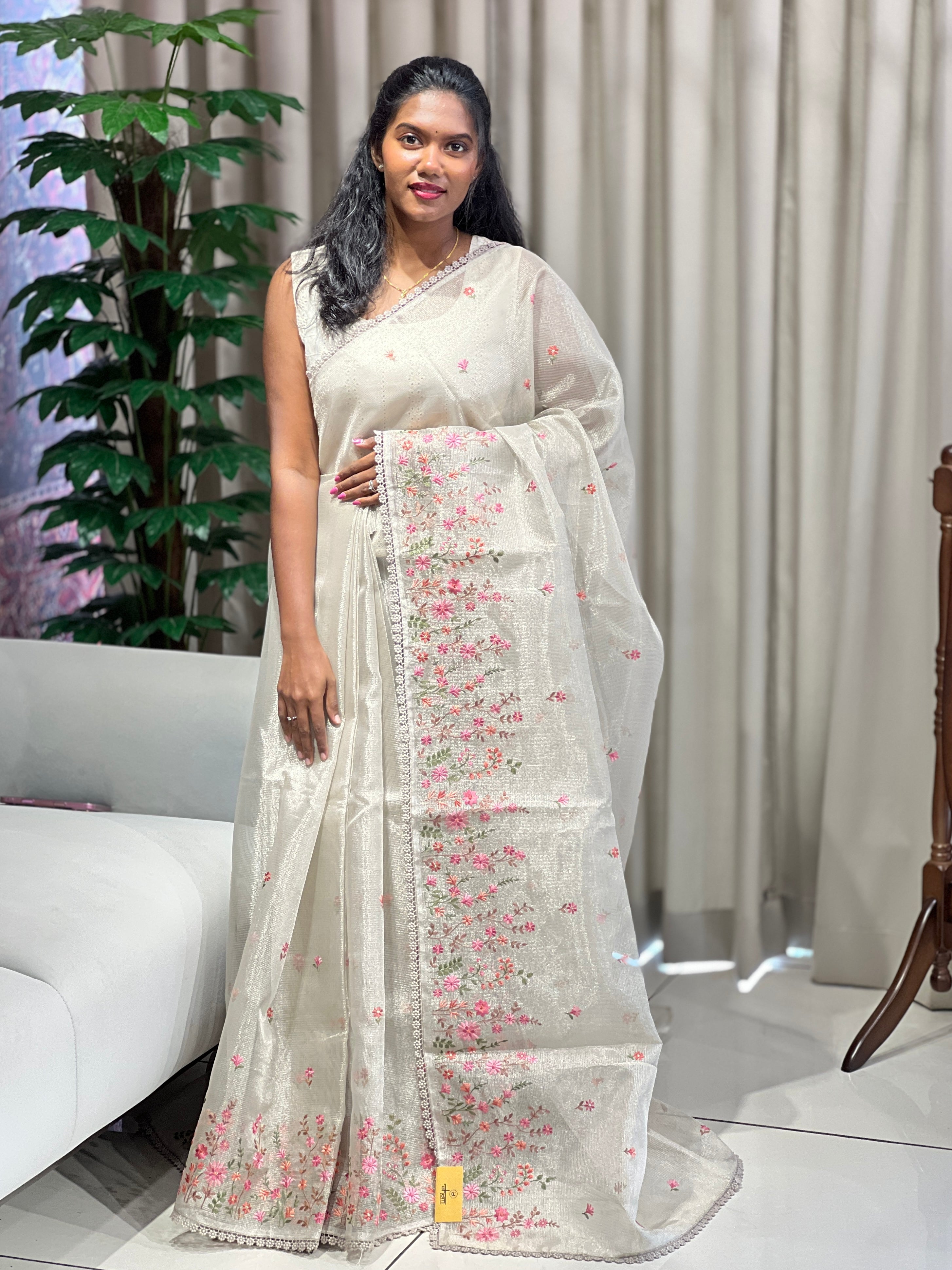 Multi-Color Floral Machine Embroidery Detailed Tissue Organza Saree | PKS112