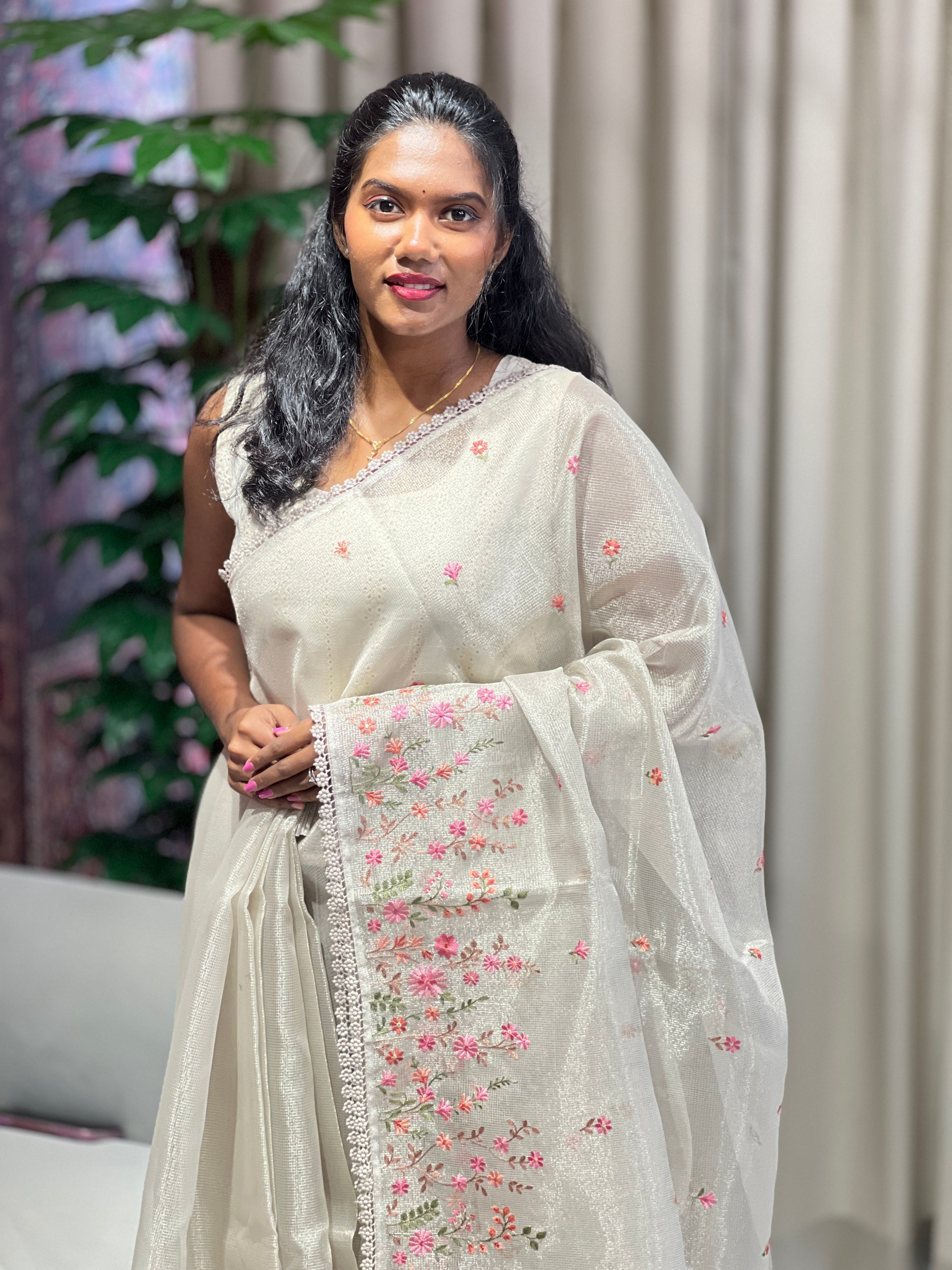 Multi-Color Floral Machine Embroidery Detailed Tissue Organza Saree | PKS112