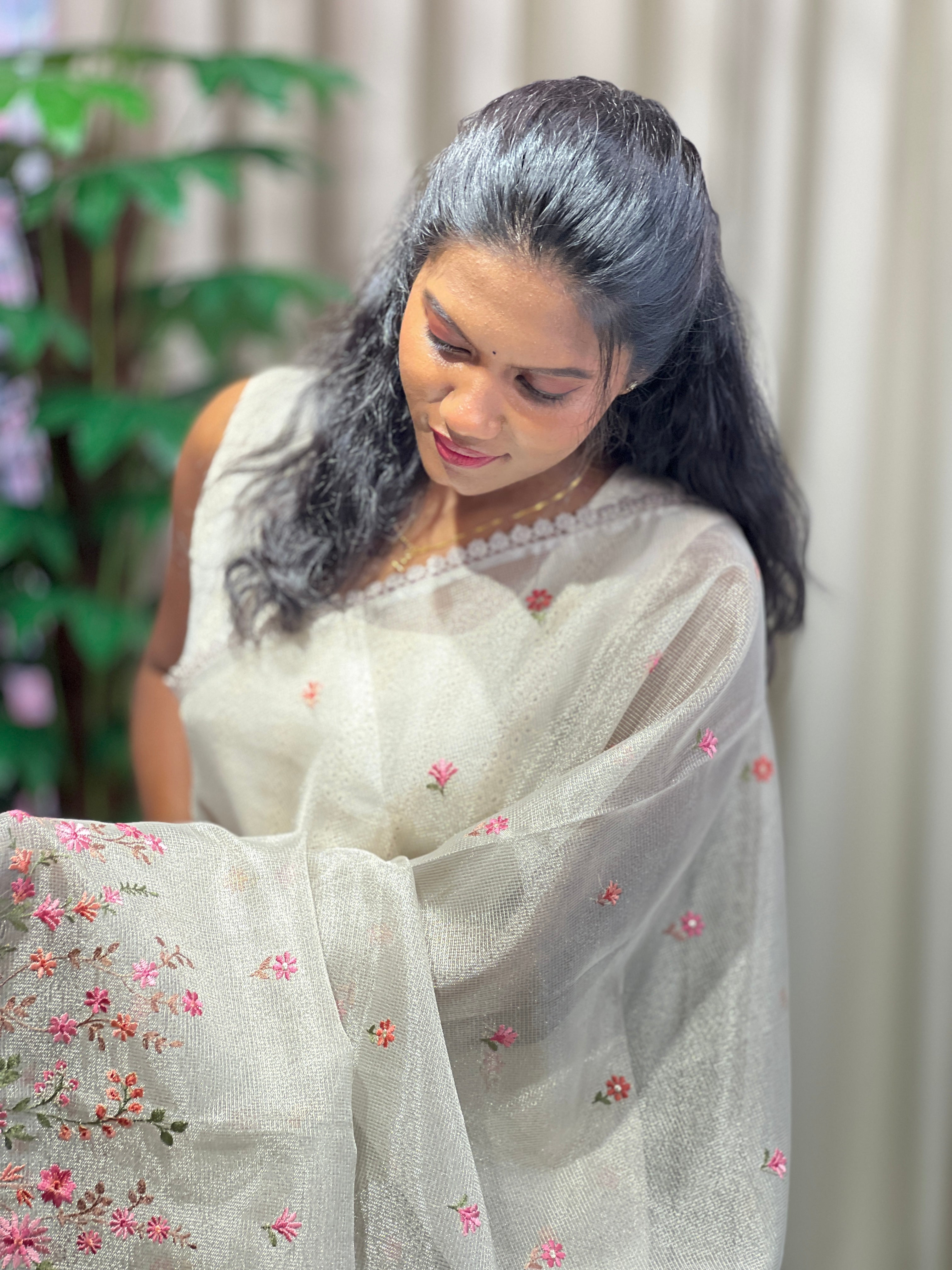 Multi-Color Floral Machine Embroidery Detailed Tissue Organza Saree | PKS112