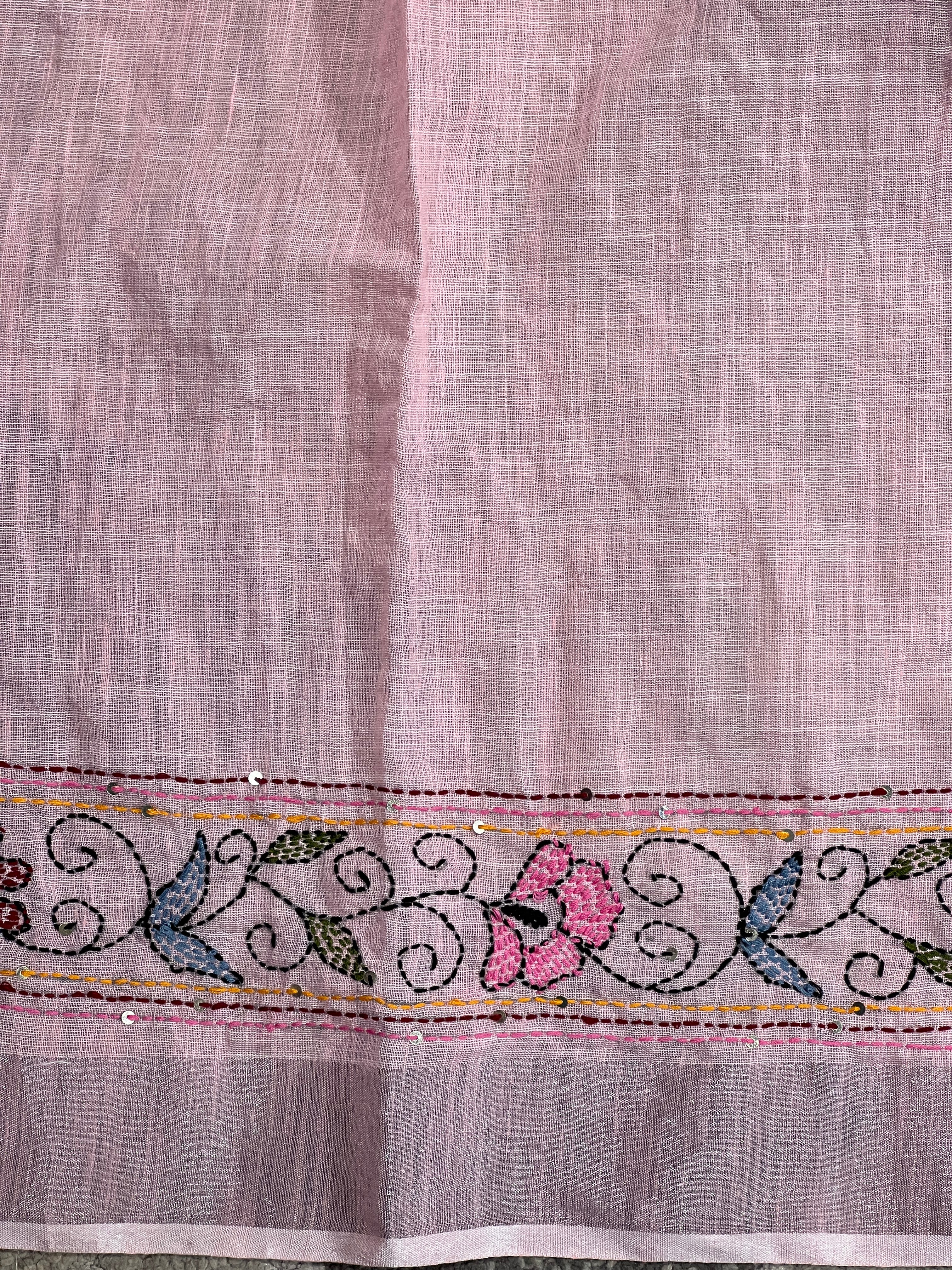Hand Kantha Detailed Linen Saree | RP754
