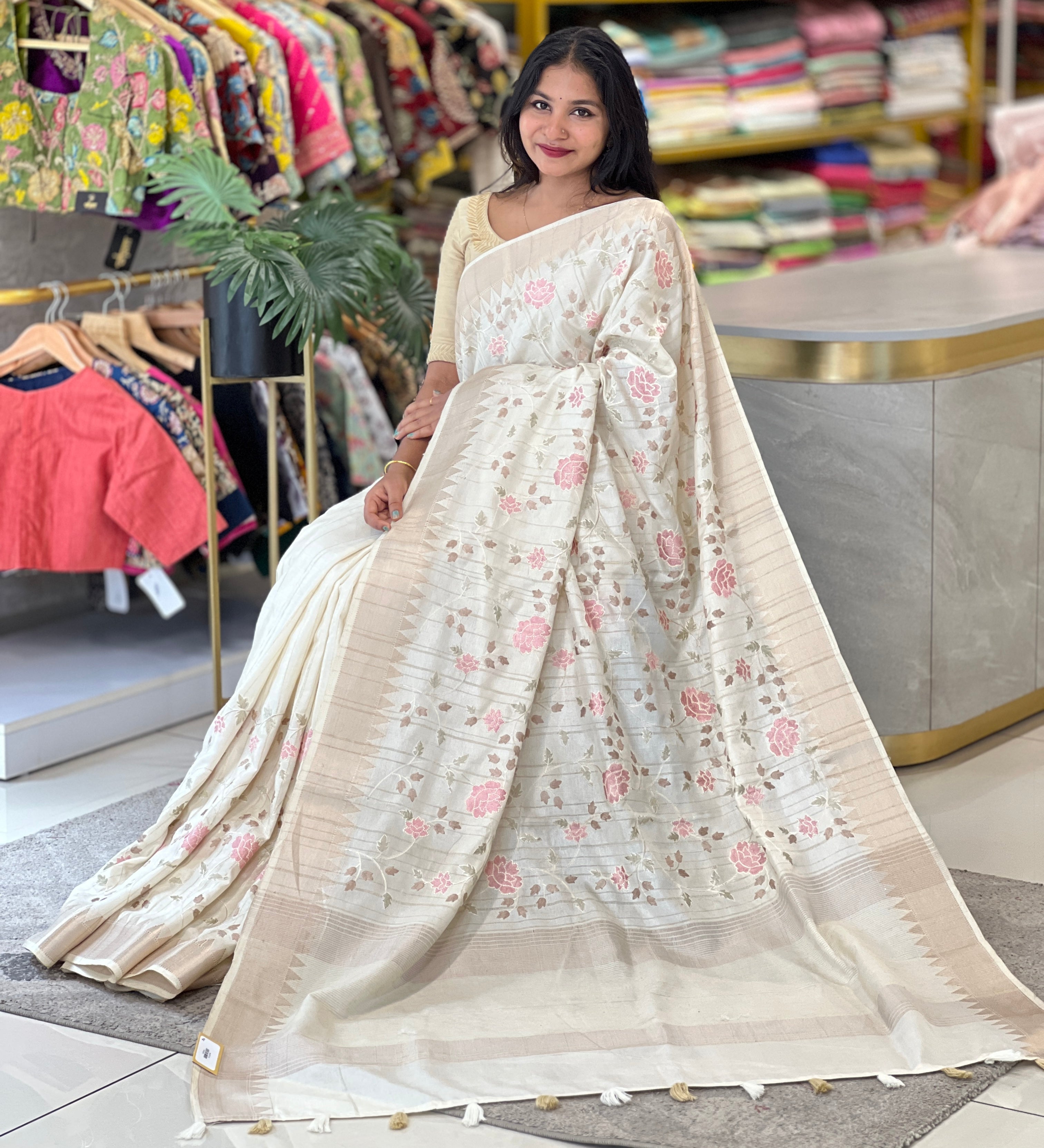 Floral and Leaf Embroidery Patterned Semi Tussar Saree | PNS249