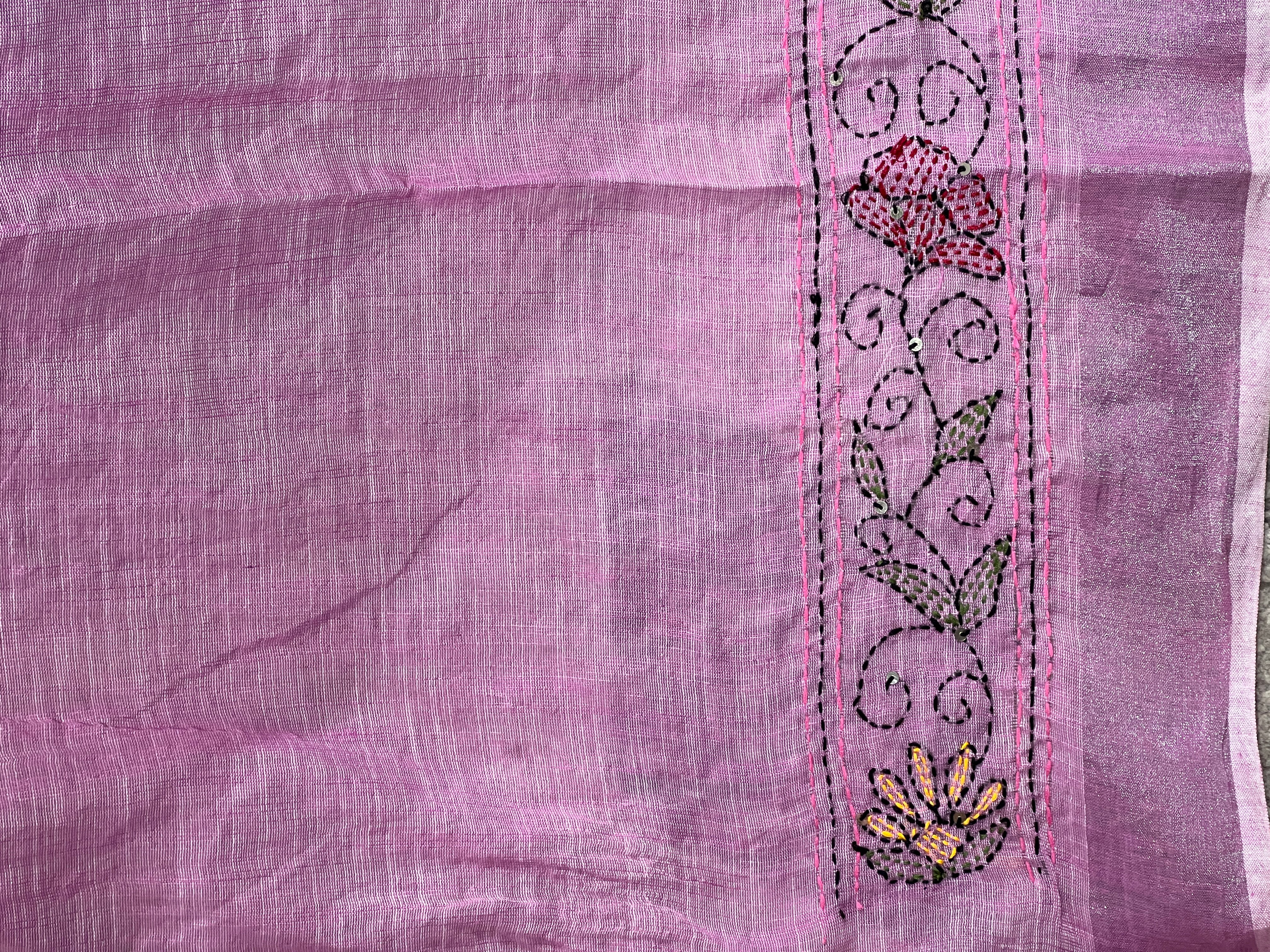 Hand Kantha Detailed Linen Saree | RP752