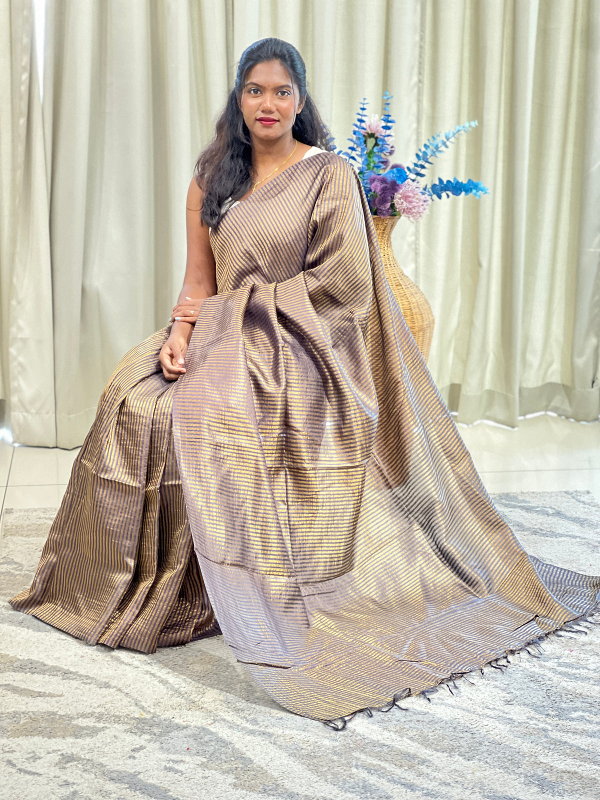 Vertical Line Pattern Tussar Saree | AHD1956