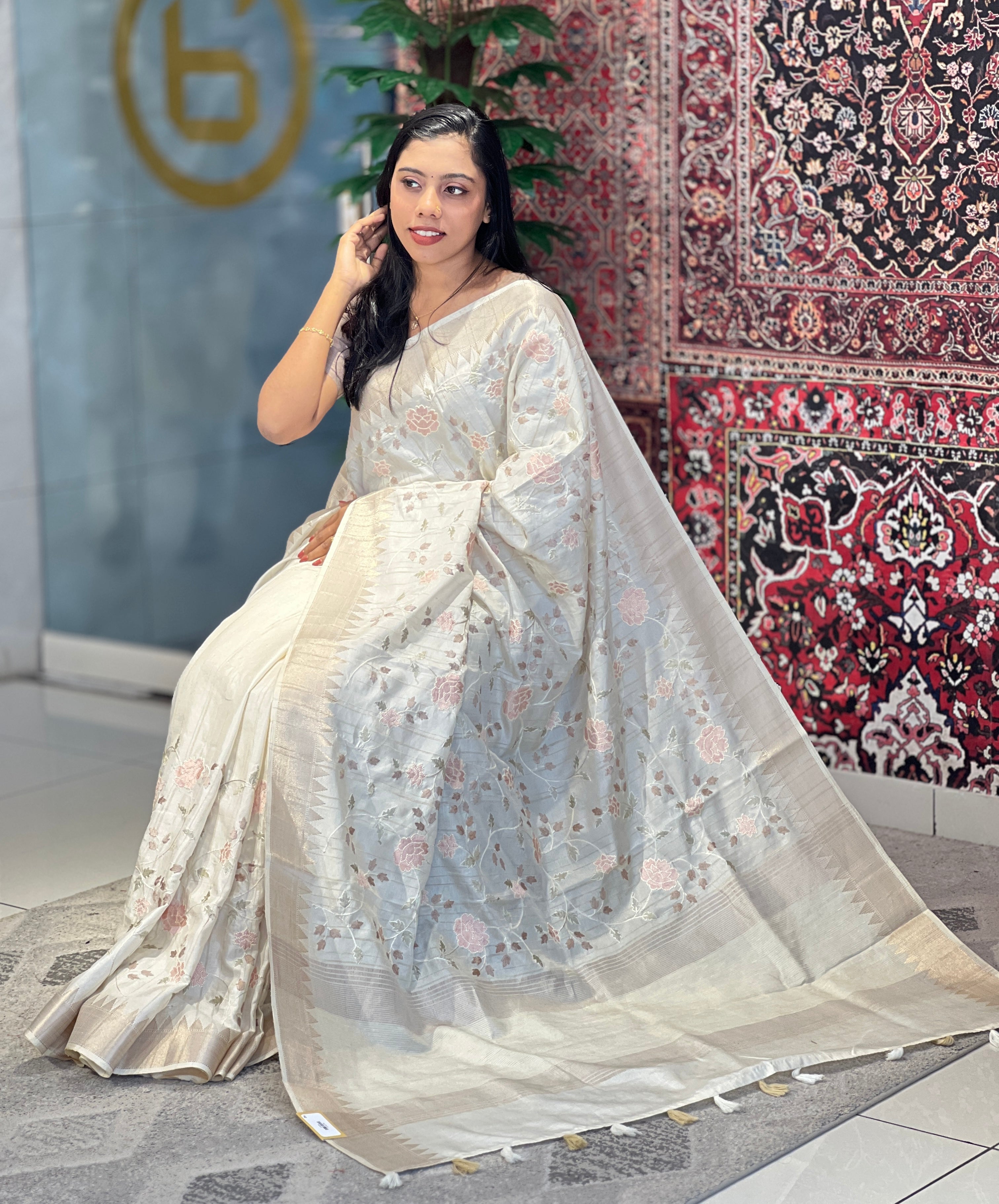 Floral and Leaf Embroidery Patterned Semi Tussar Saree | PNS247