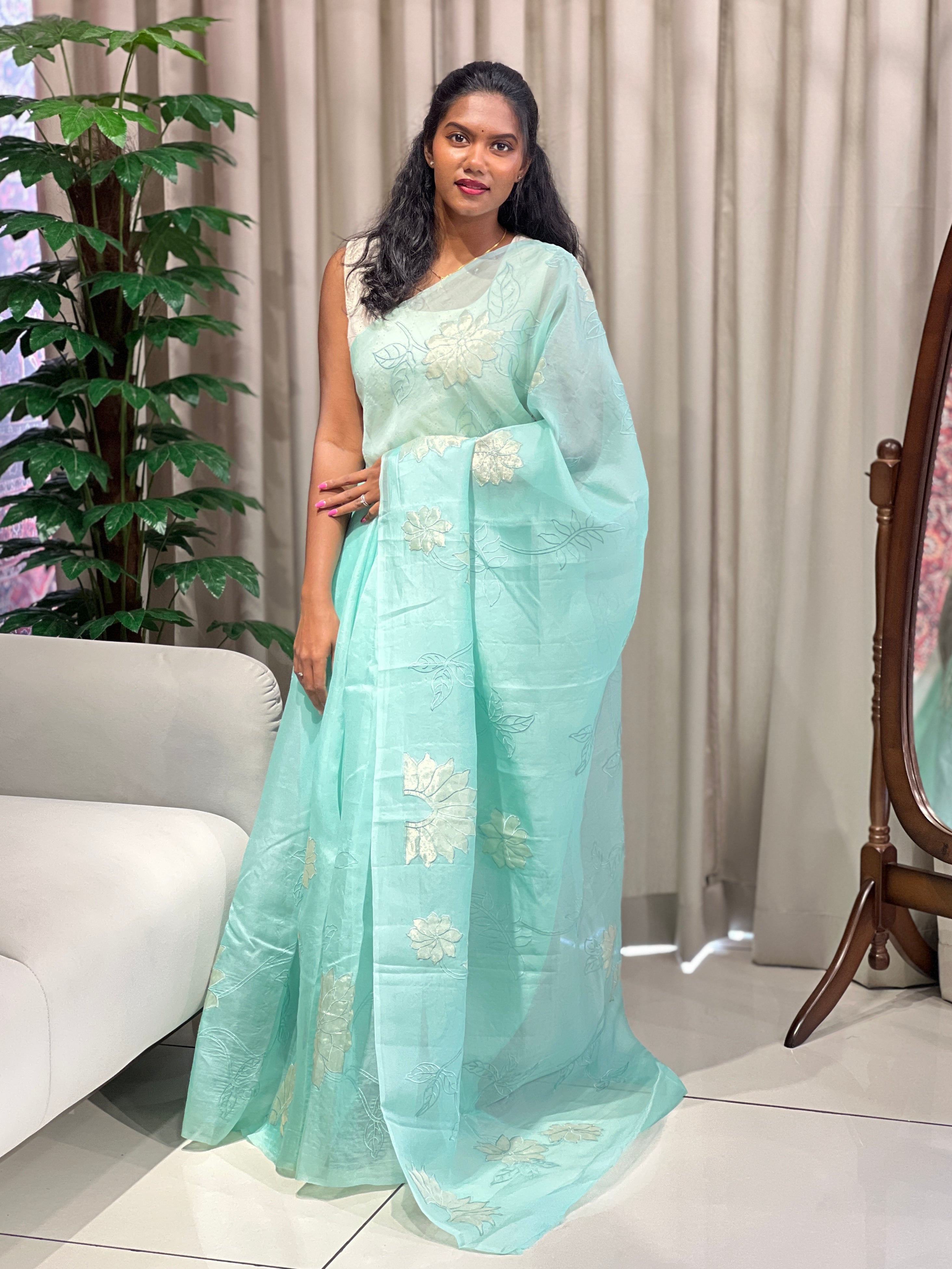 Floral Applique Work Detailed Pure Organza Saree | MM181