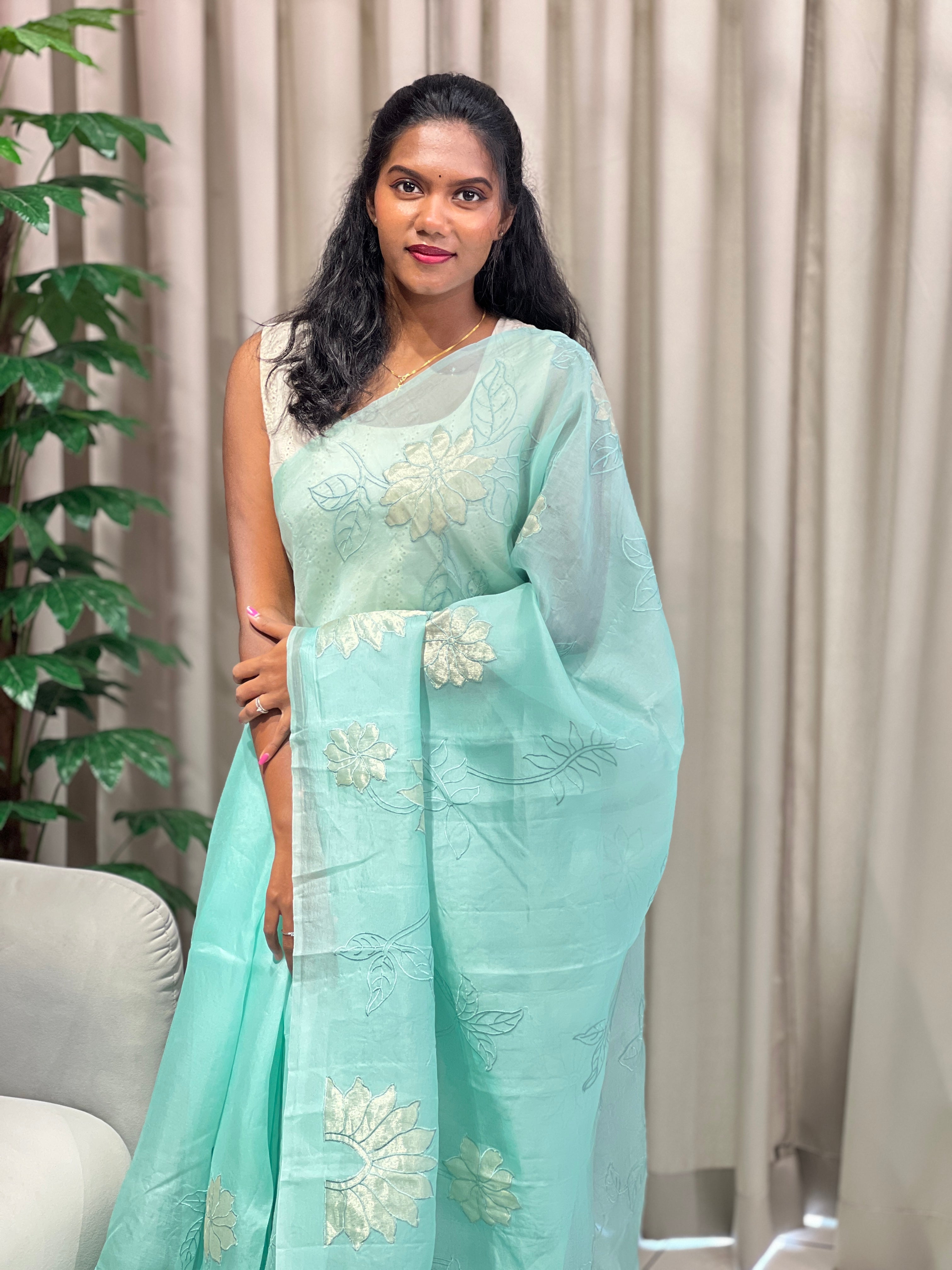 Floral Applique Work Detailed Pure Organza Saree | MM181