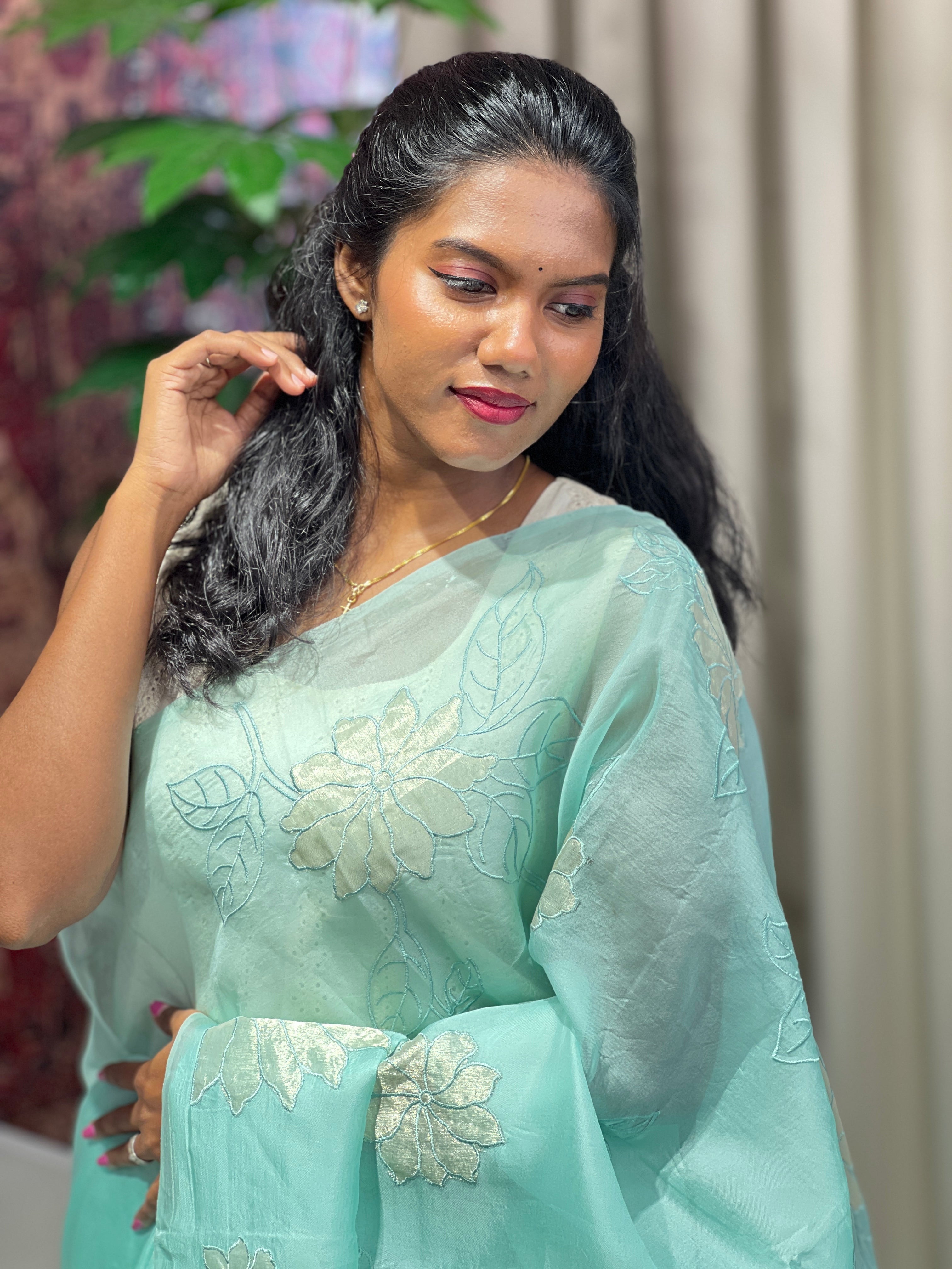 Floral Applique Work Detailed Pure Organza Saree | MM181