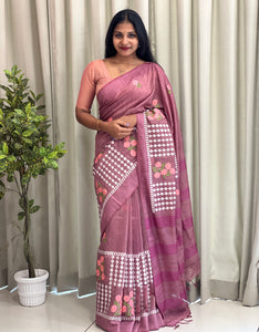 Floral & Geometric Embroidered Bhagalpuri Linen Saree | NHH443