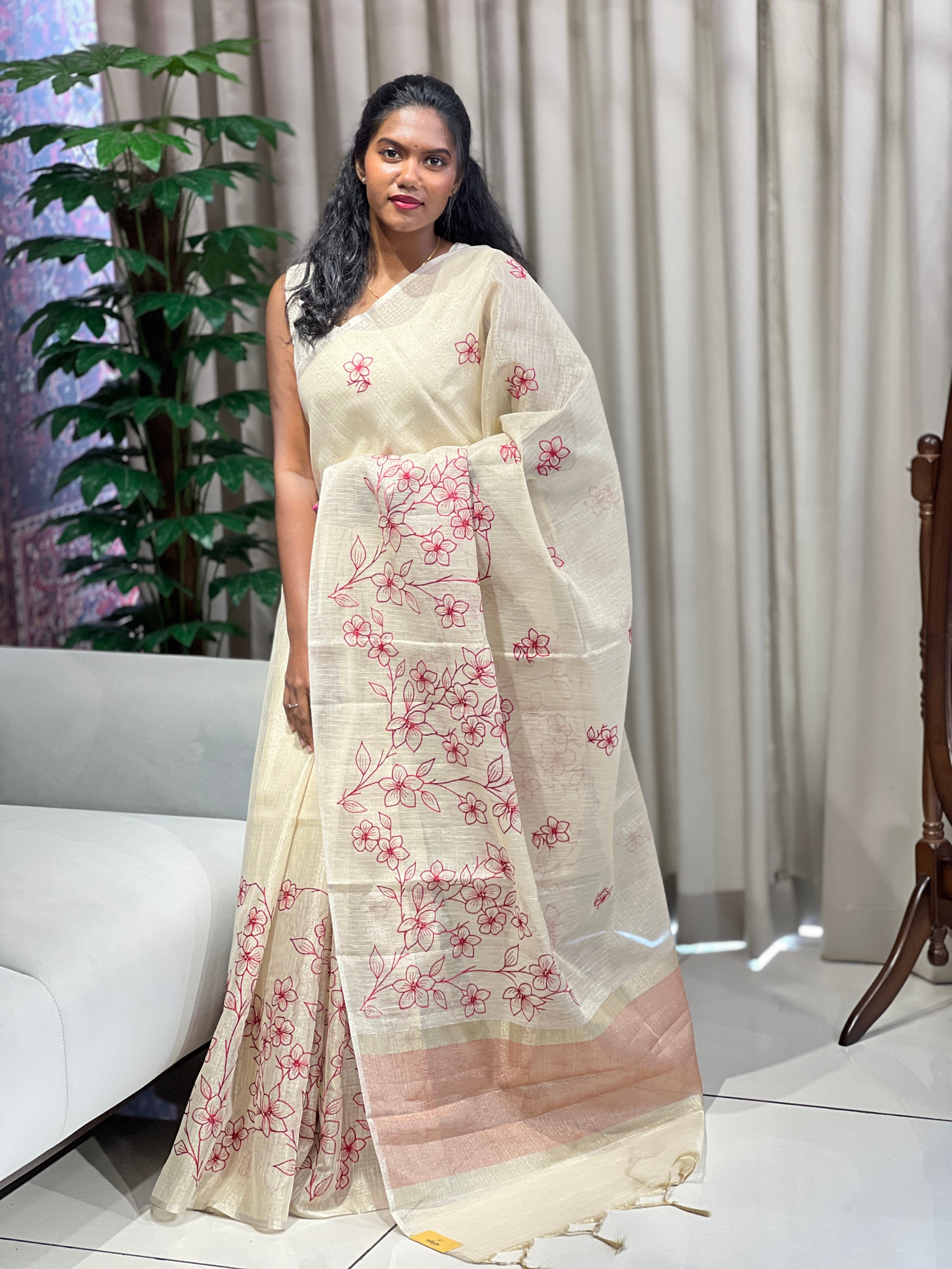 Floral Machine Embroidery Detailed Tissue Saree | TOT159