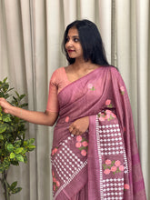 Floral & Geometric Embroidered Bhagalpuri Linen Saree | NHH443