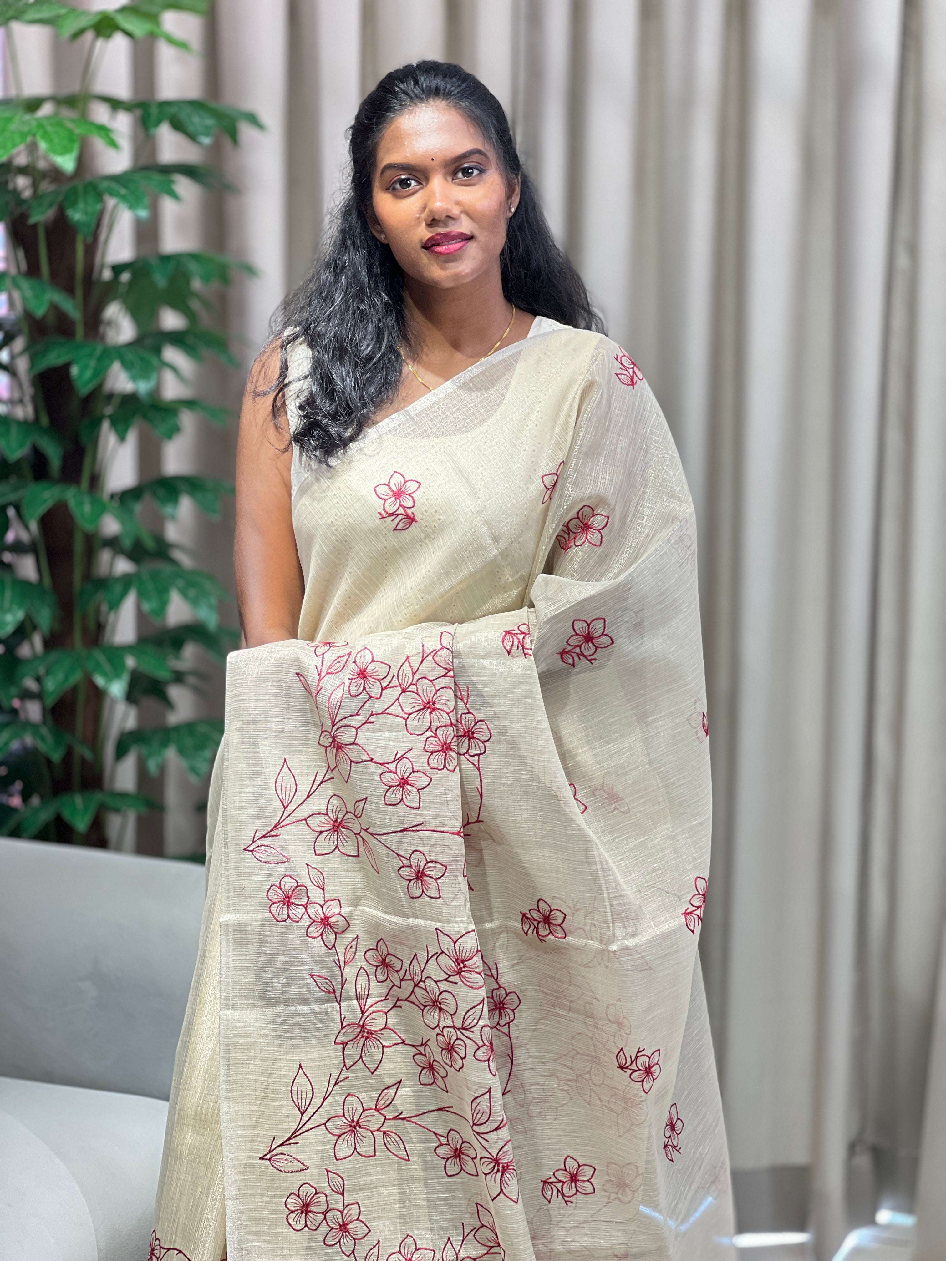 Floral Machine Embroidery Detailed Tissue Saree | TOT159