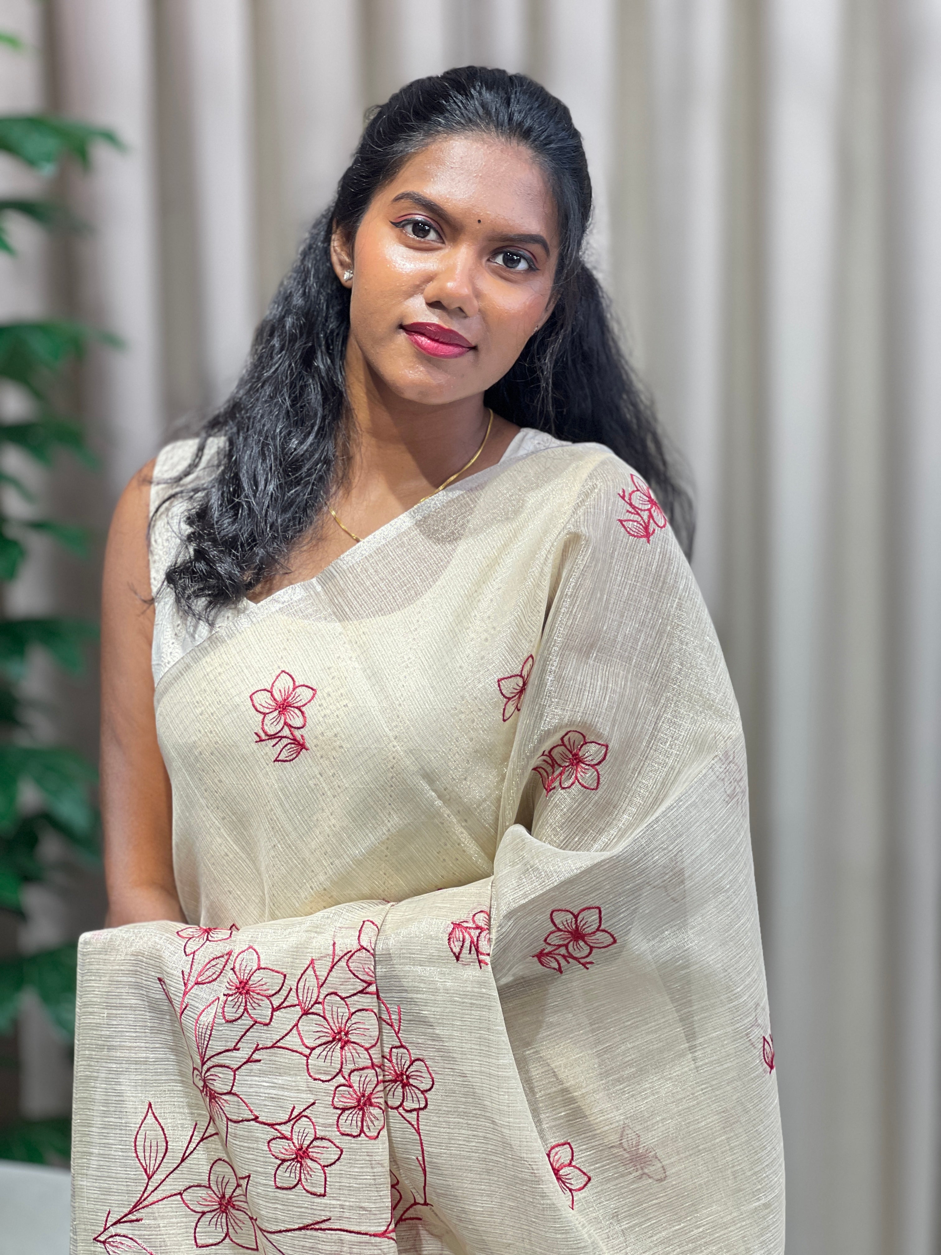 Floral Machine Embroidery Detailed Tissue Saree | TOT159