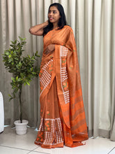 Floral & Geometric Embroidered Bhagalpuri Linen Saree | NHH440