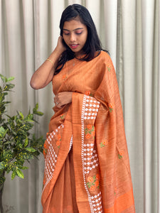 Floral & Geometric Embroidered Bhagalpuri Linen Saree | NHH440