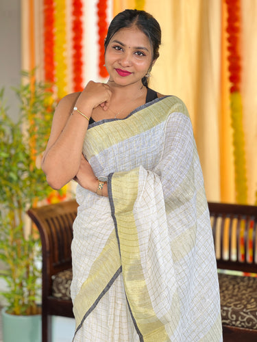 Zari Check Patterned Linen Saree | SK443