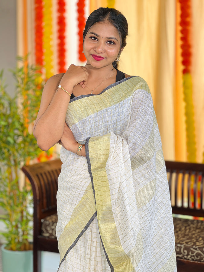 Zari Check Patterned Linen Saree | SK443