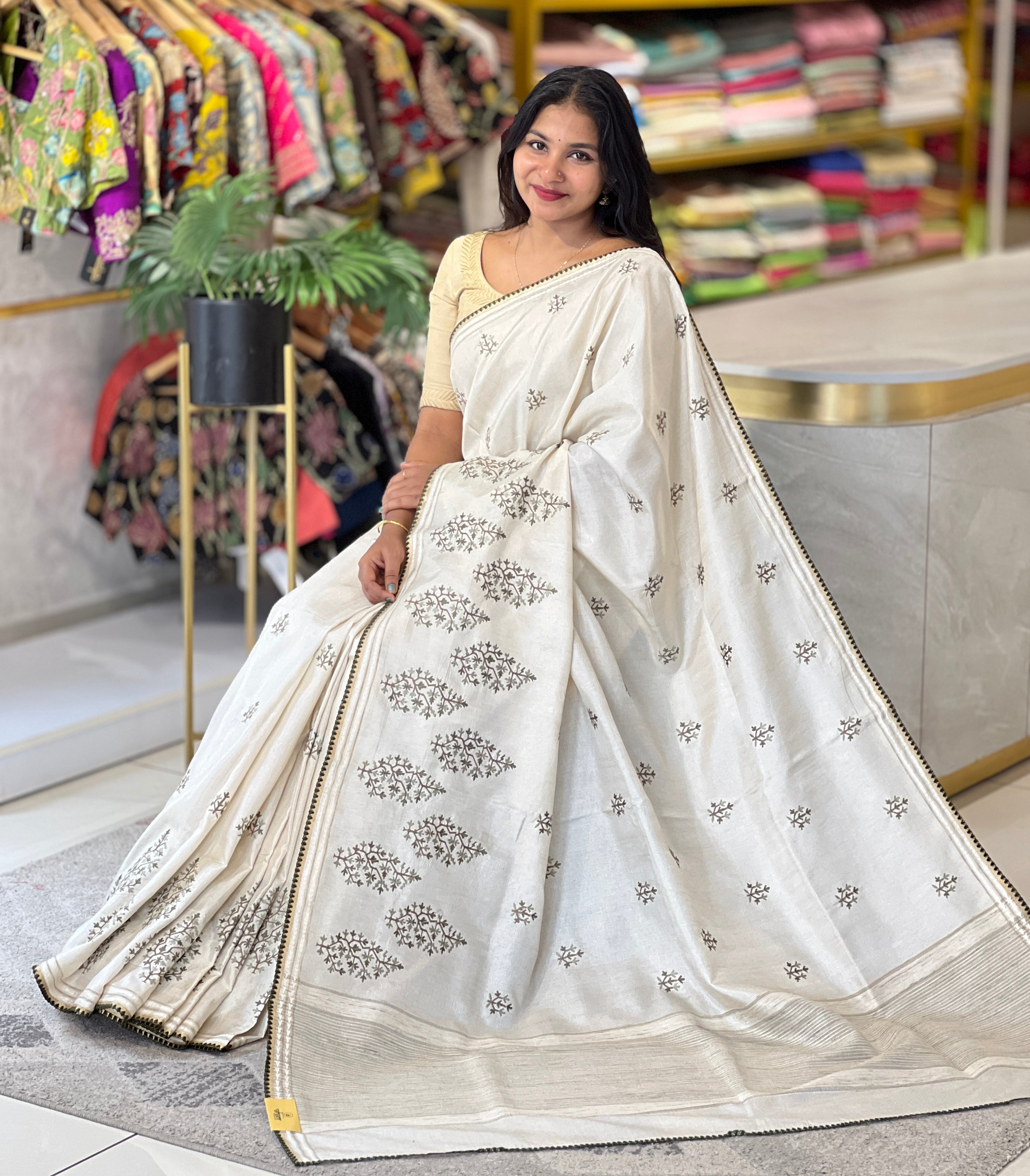 Machine Embroidery Detailed Tussar Finish Saree | PNS234