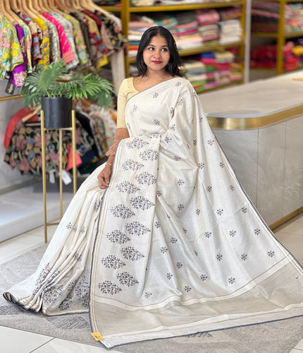 Machine Embroidery Detailed Tussar Finish Saree | PNS235
