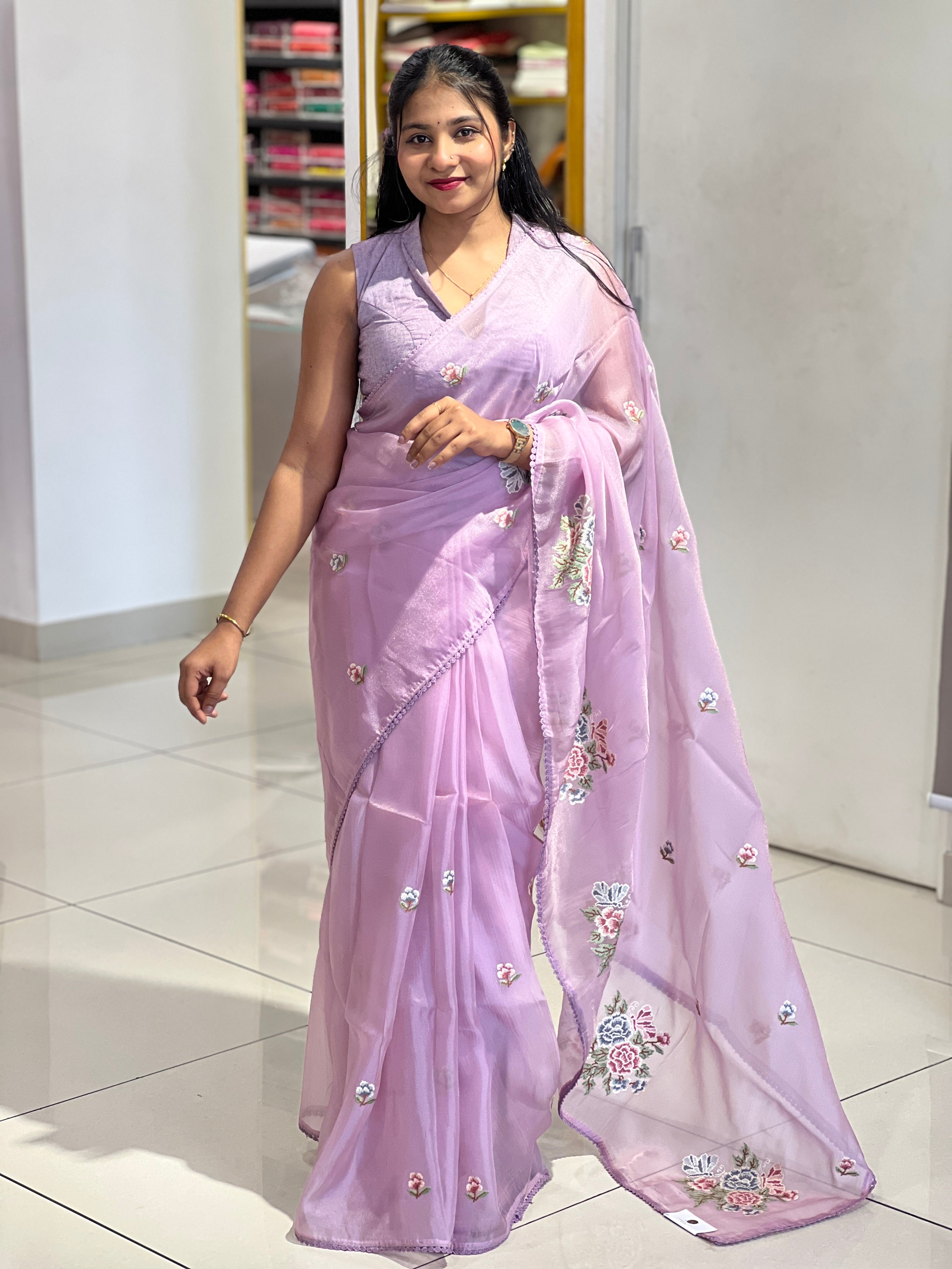 Floral Cross Stitch Embroidered Shimmer Organza Saree | BLD1494