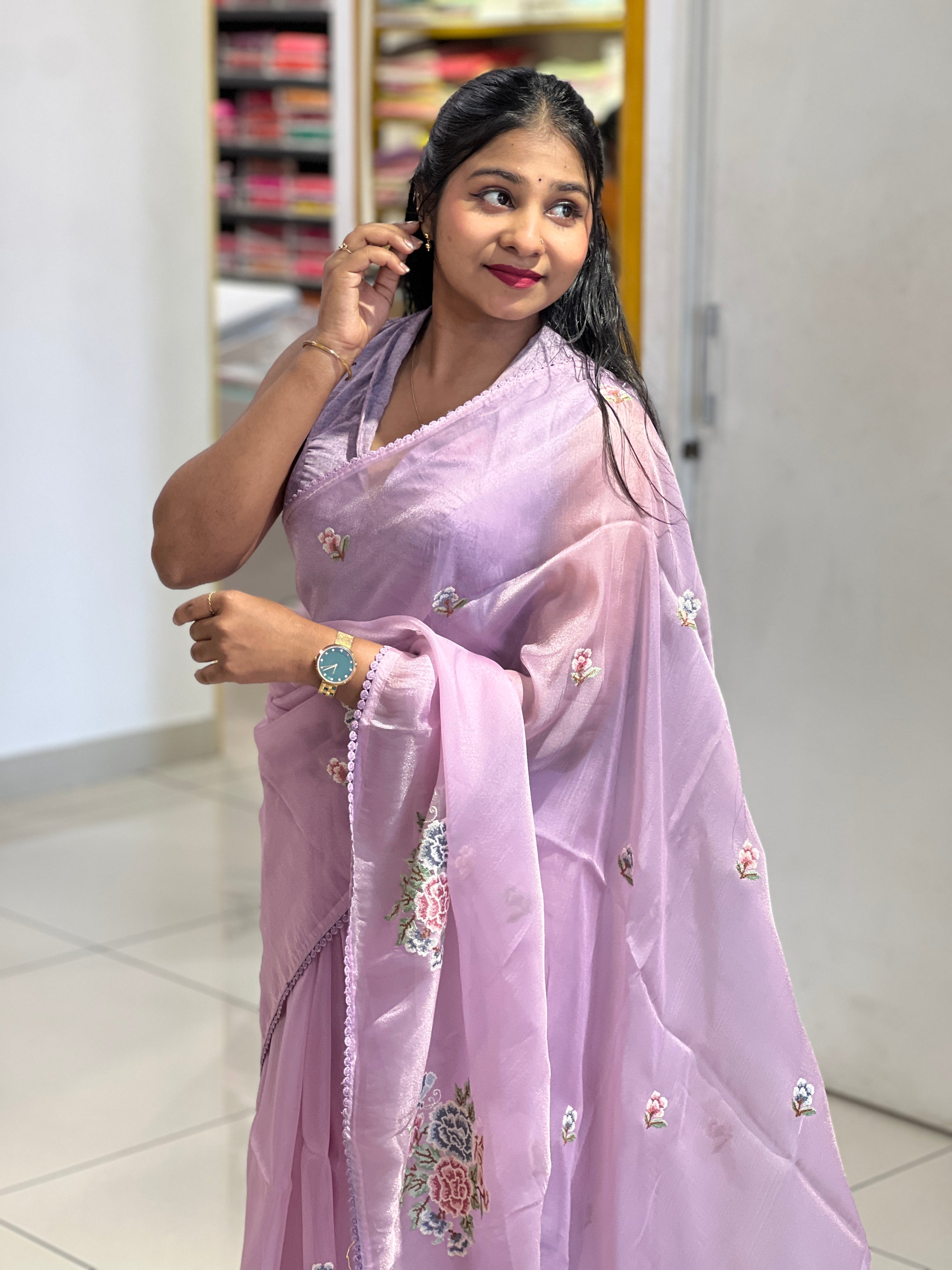 Floral Cross Stitch Embroidered Shimmer Organza Saree | BLD1494