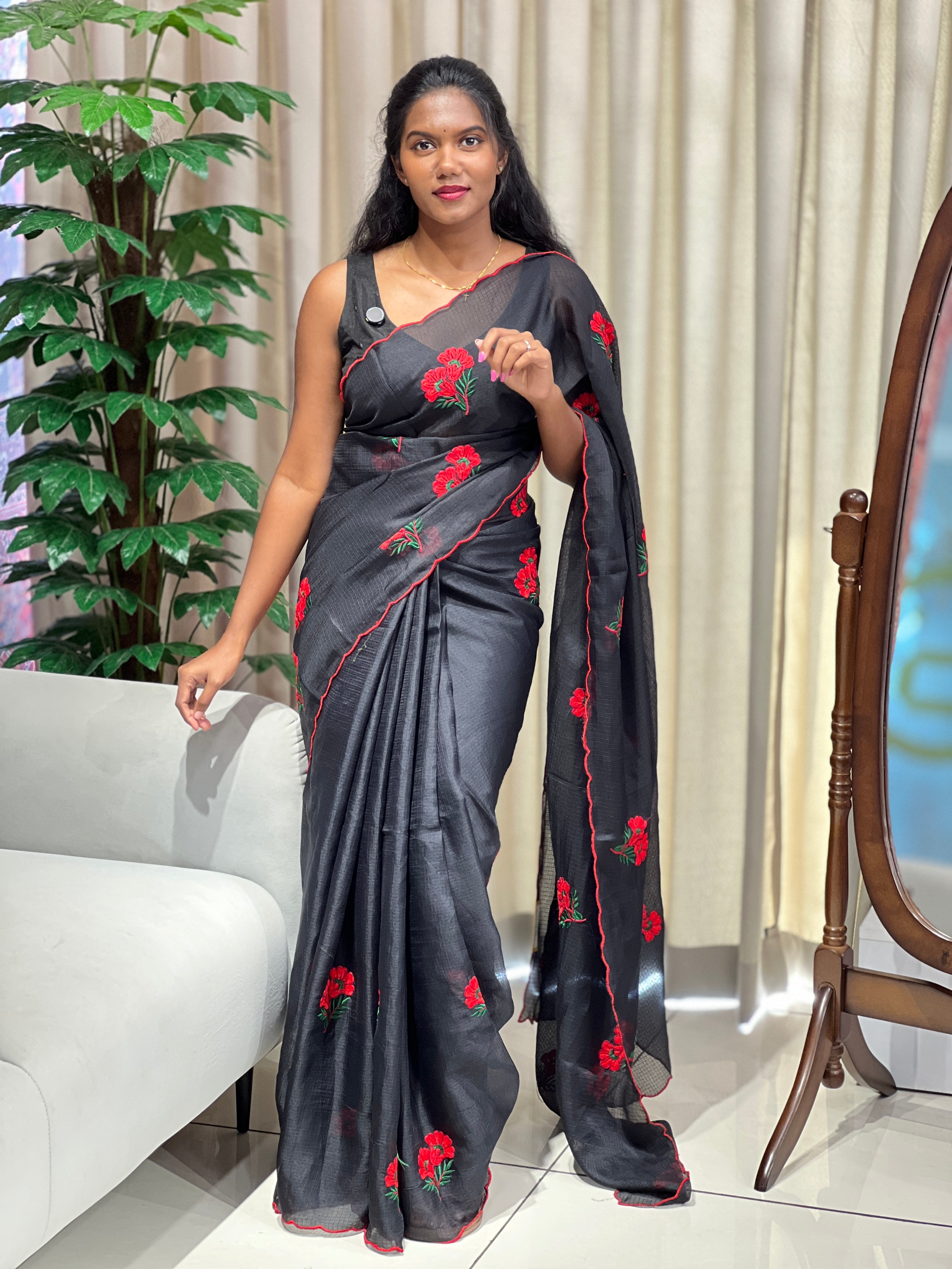 Floral Machine Embroidery Detailed Silky Kota Saree | HT348