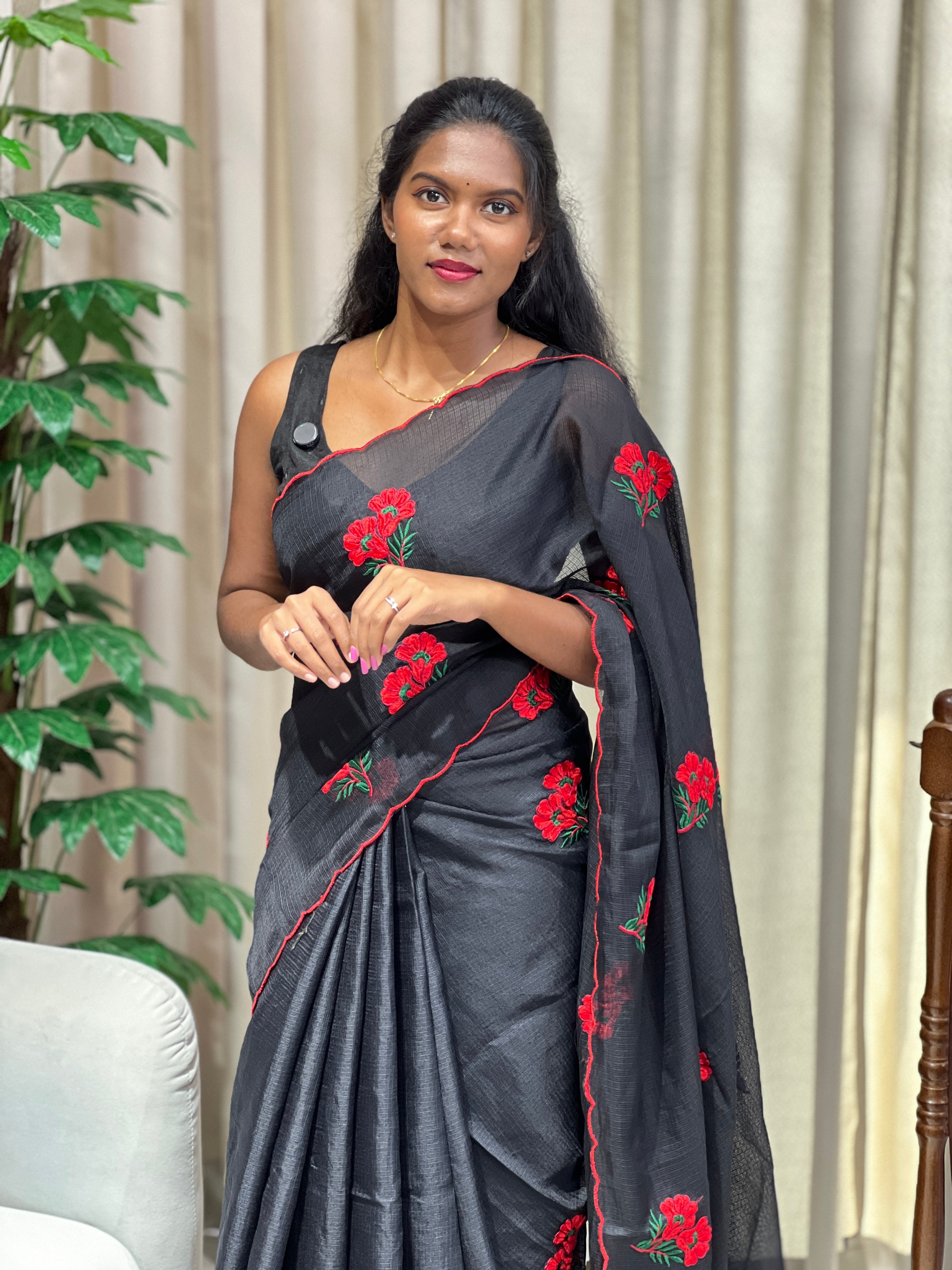 Floral Machine Embroidery Detailed Silky Kota Saree | HT348